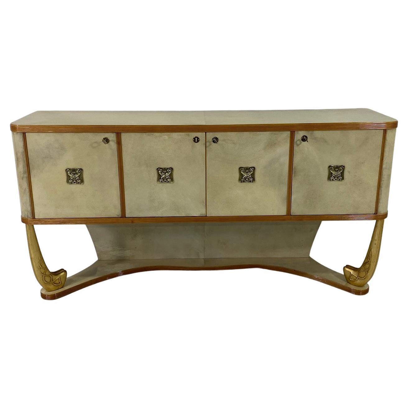 Italian Art Deco Parchment, Maple, Gold and Brass Sideboard, Attr. to Colli, 30s For Sale