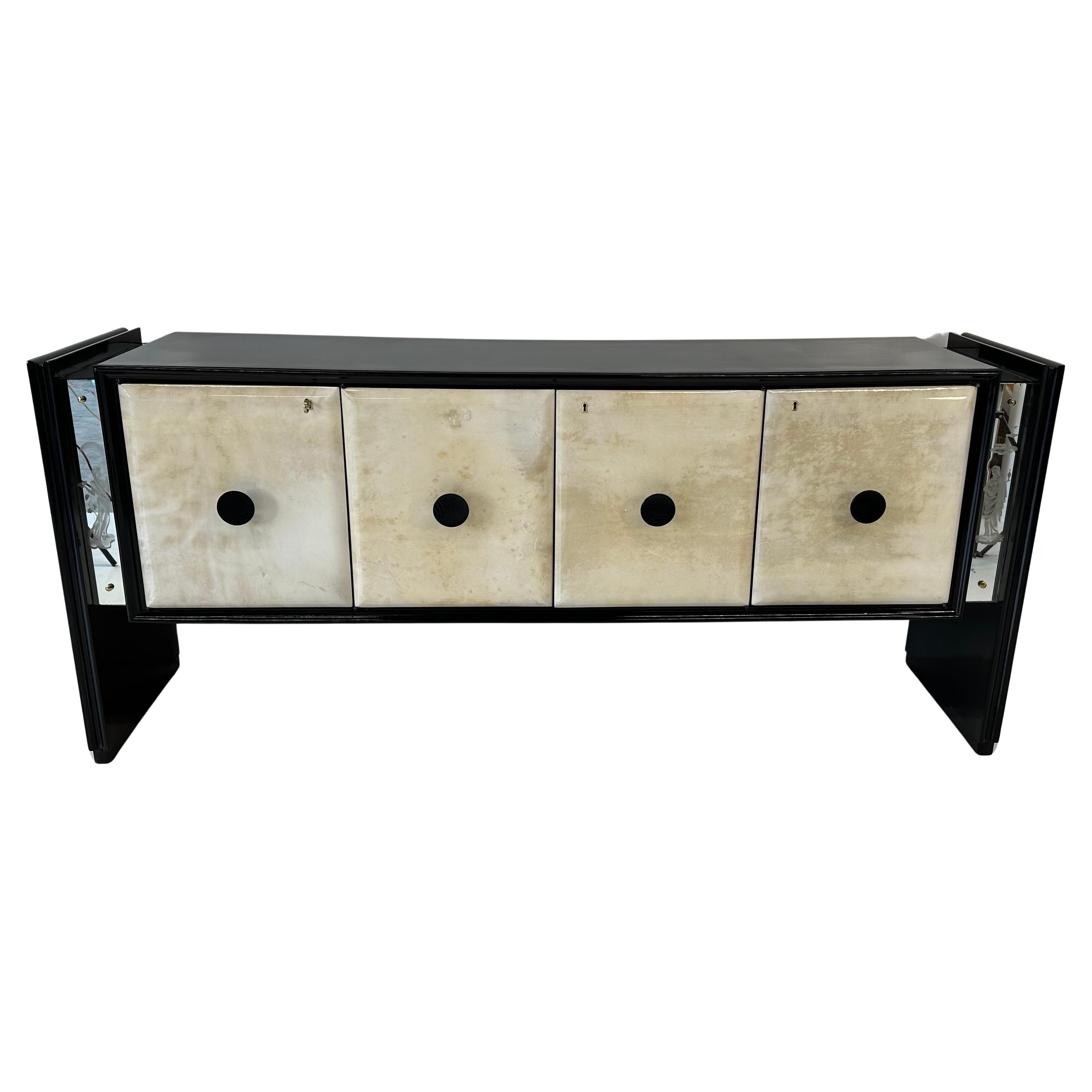 Buffet italien Art Deco Parchemin, miroirs sablés et noir, années 1940