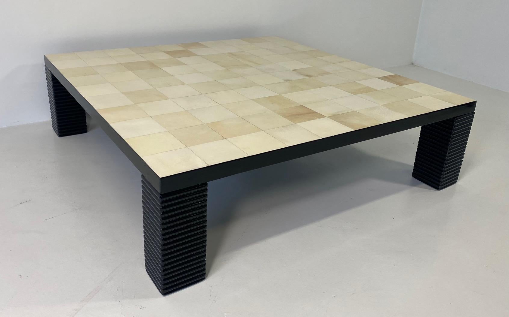 Late 20th Century Italian Art Deco Parchment squares and Black Lacquered Coffee Table For Sale