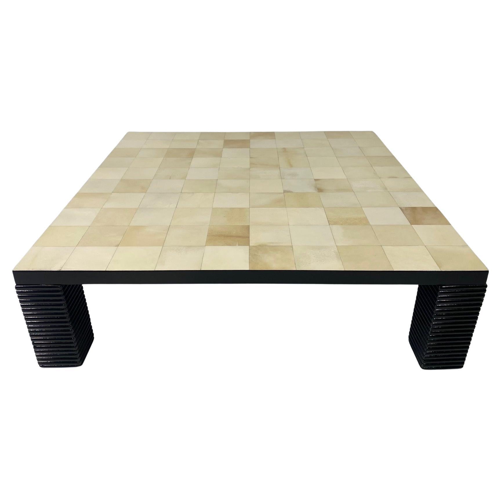 Italian Art Deco Parchment squares and Black Lacquered Coffee Table For Sale