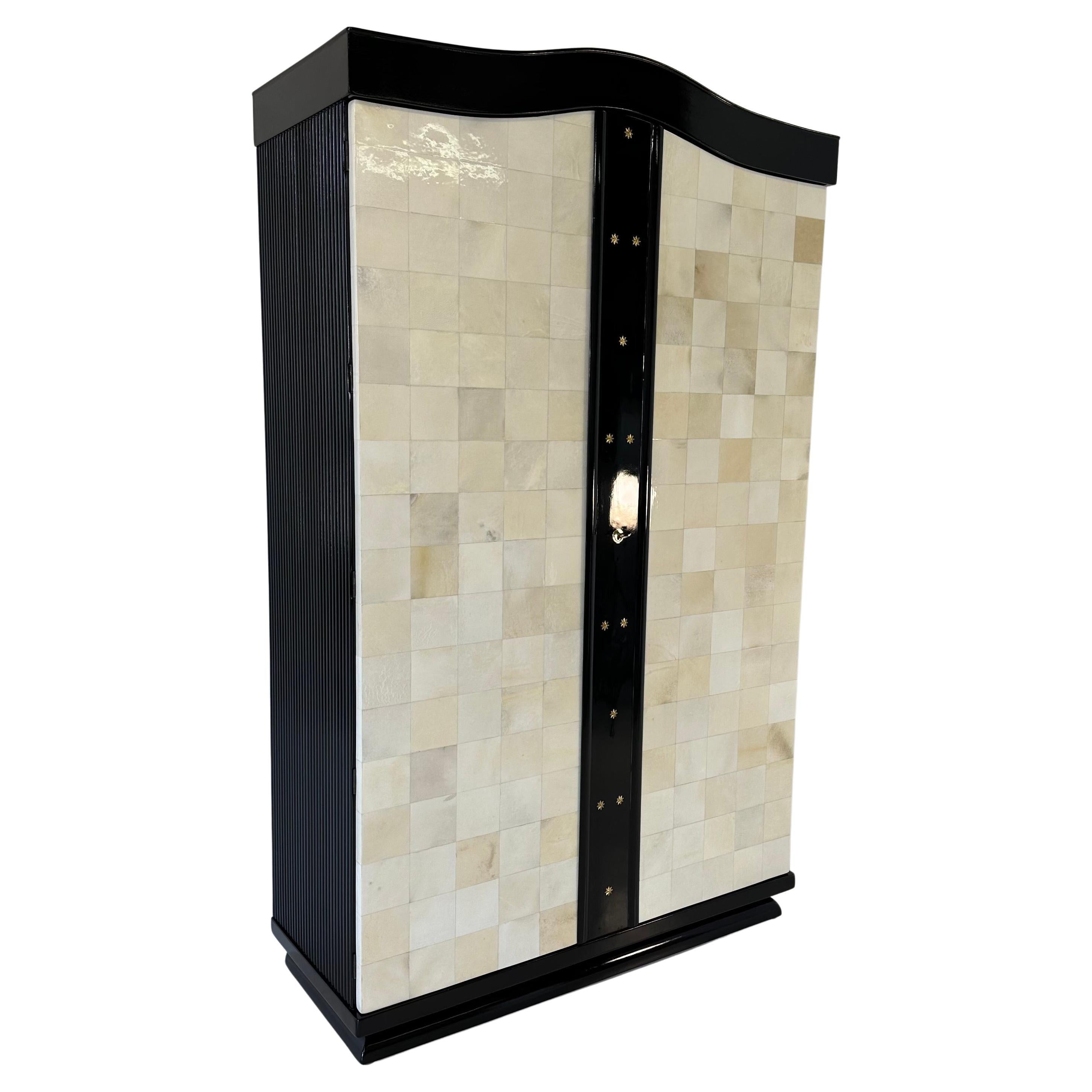 Italian Art Deco Parchment Squares, Brass Stars and Black Lacquer Armoire,  1930s For Sale at 1stDibs