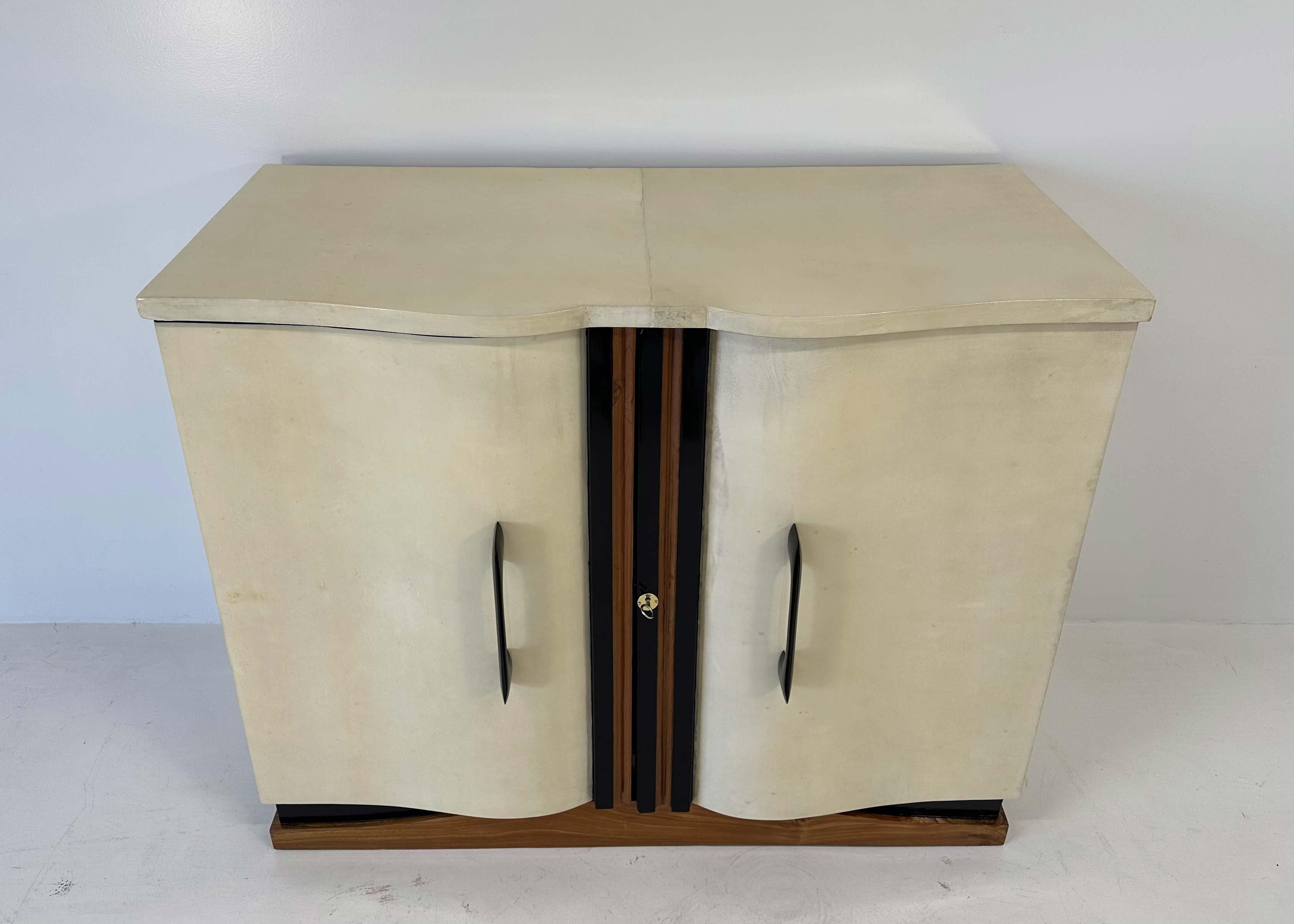 Mid-20th Century Italian Art Deco Parchment, Walnut and Black Cabinet, Attr. to Ulrich, 1936 For Sale