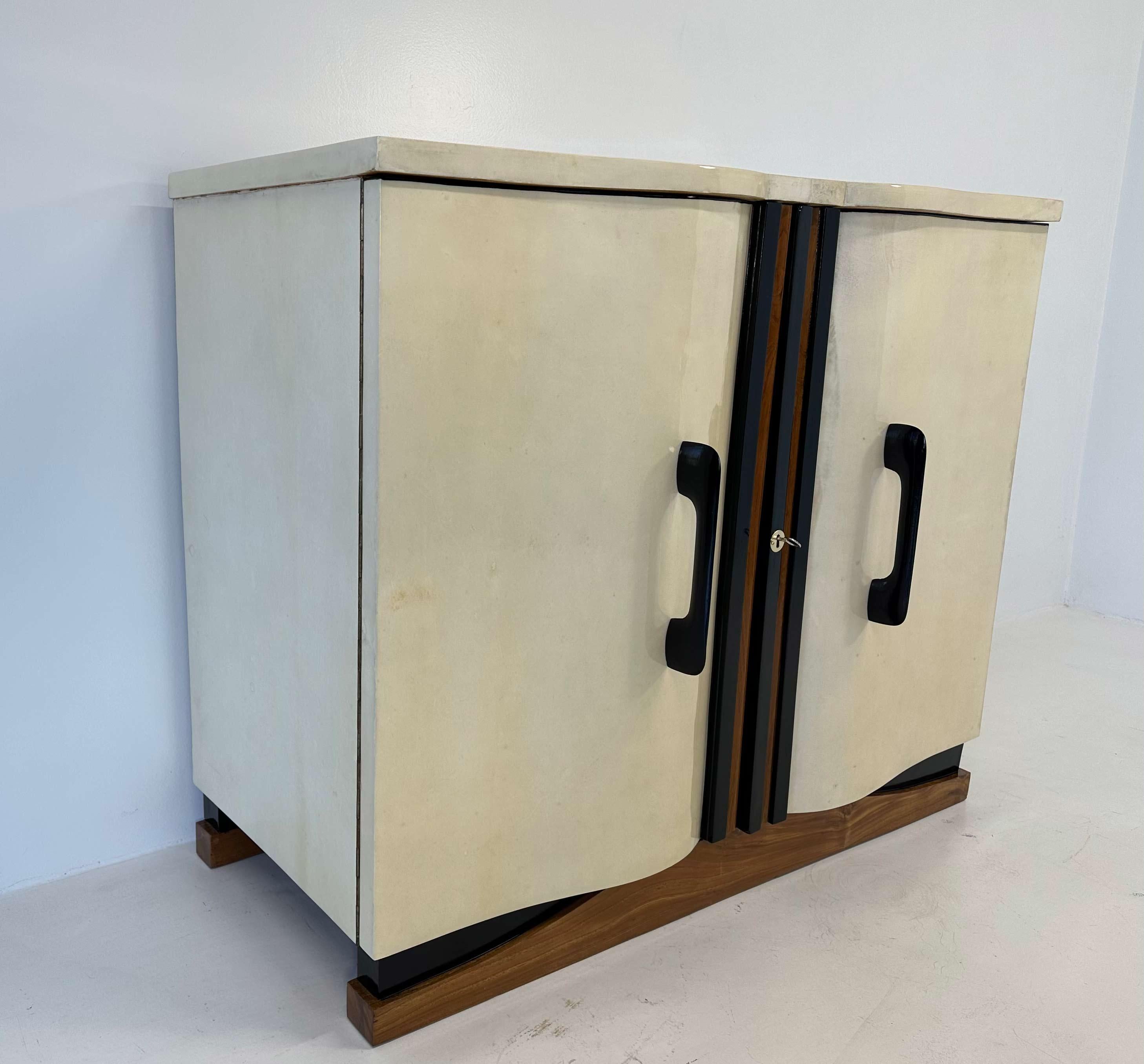 Italian Art Deco Parchment, Walnut and Black Cabinet, Attr. to Ulrich, 1936 For Sale 1