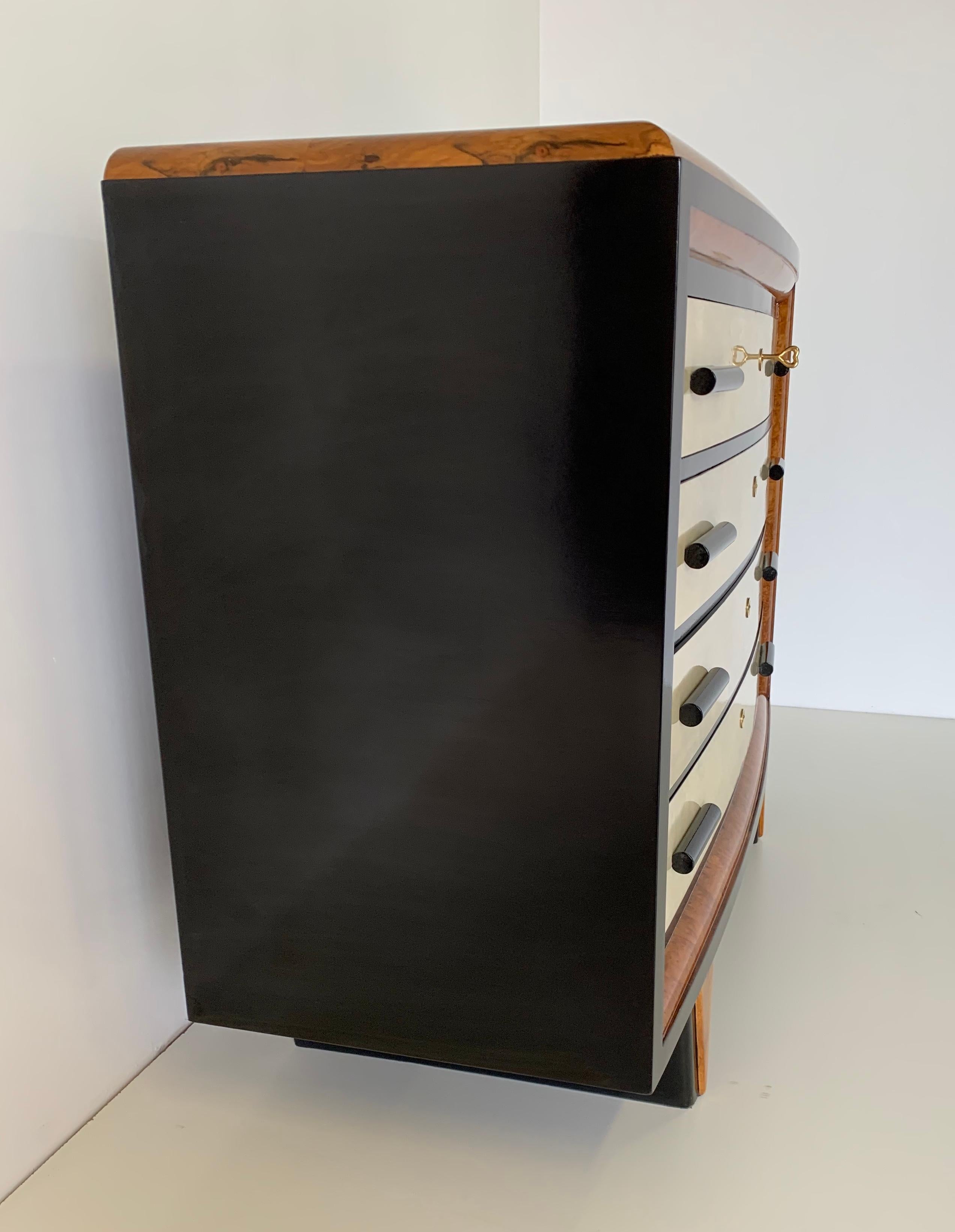 Brass Italian Art Deco Parchment, Walnut and Black Chest of Drawers, 1930s