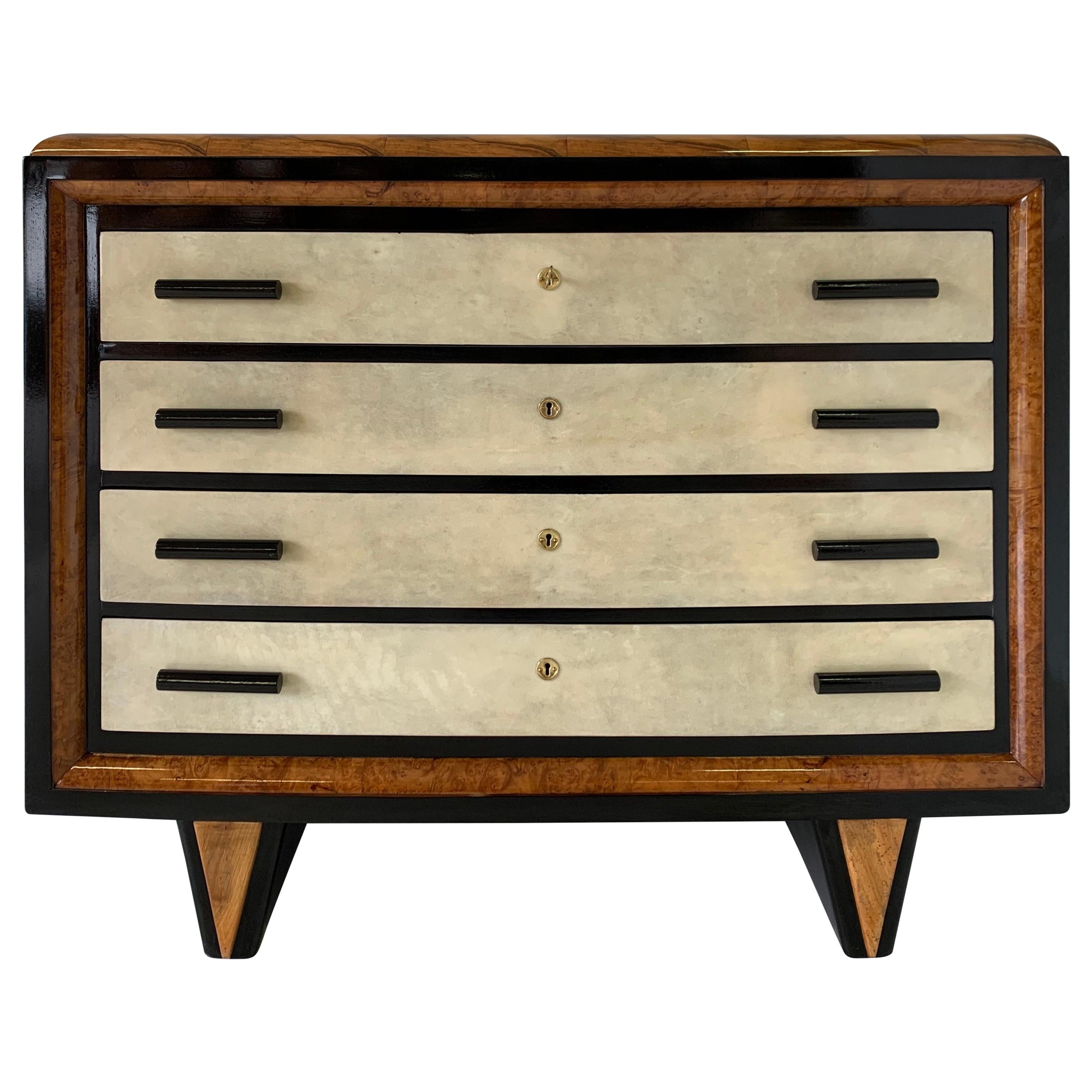 Italian Art Deco Parchment, Walnut and Black Chest of Drawers, 1930s