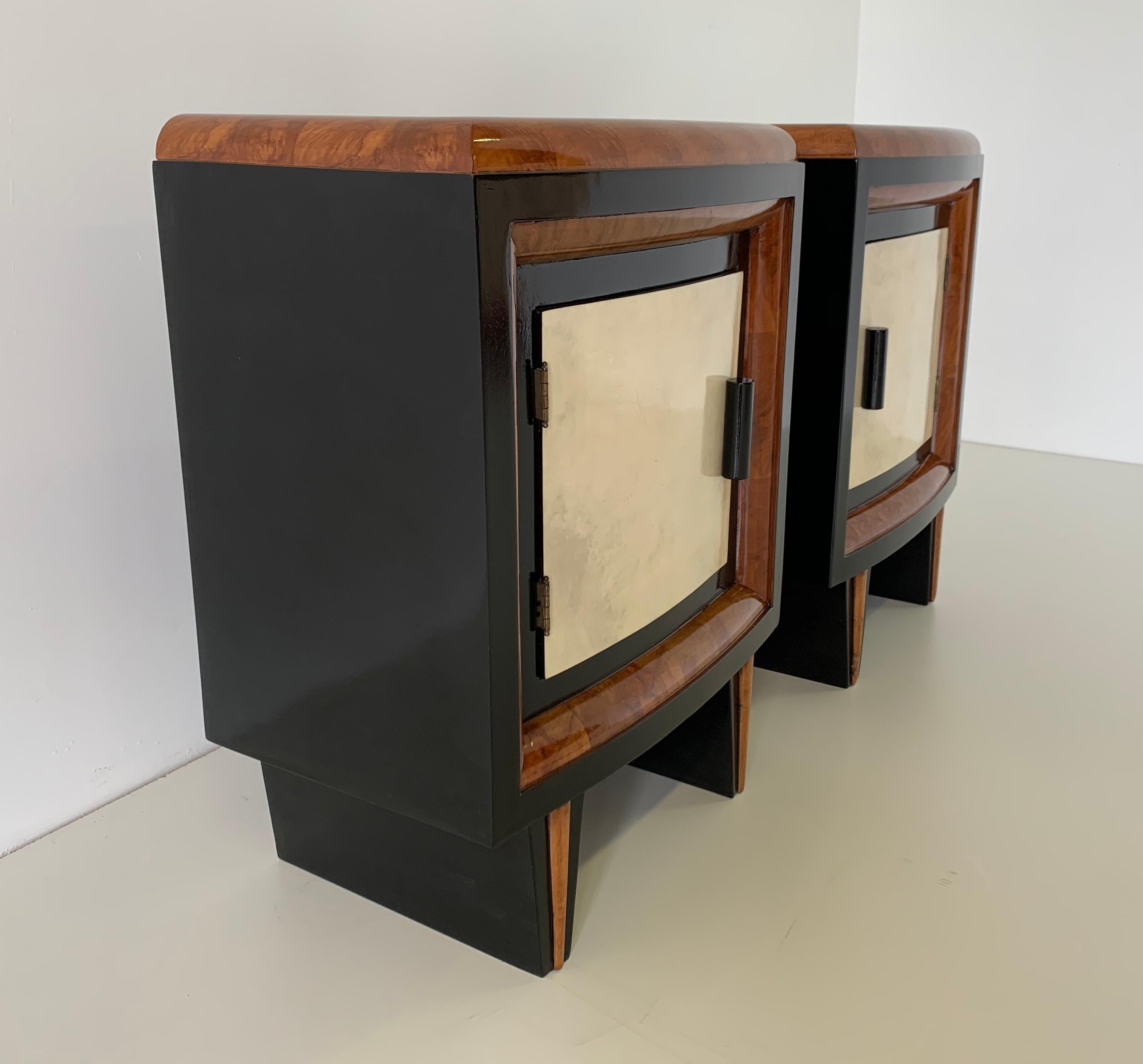 Mid-20th Century Italian Art Deco Parchment, Walnut and Black Nightstands, 1930s