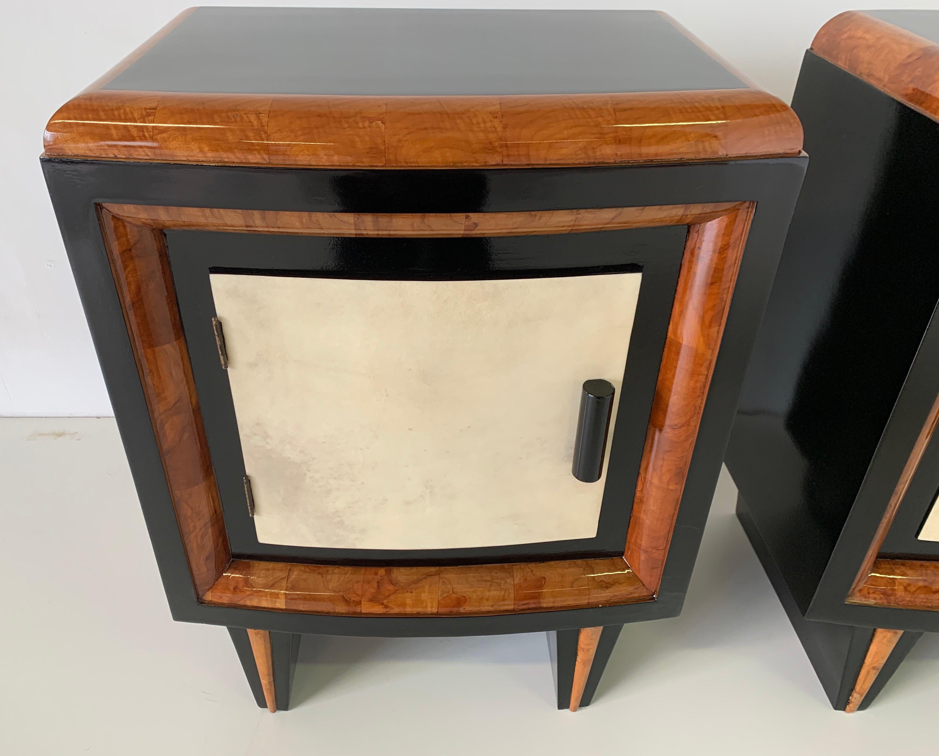 Italian Art Deco Parchment, Walnut and Black Nightstands, 1930s 1