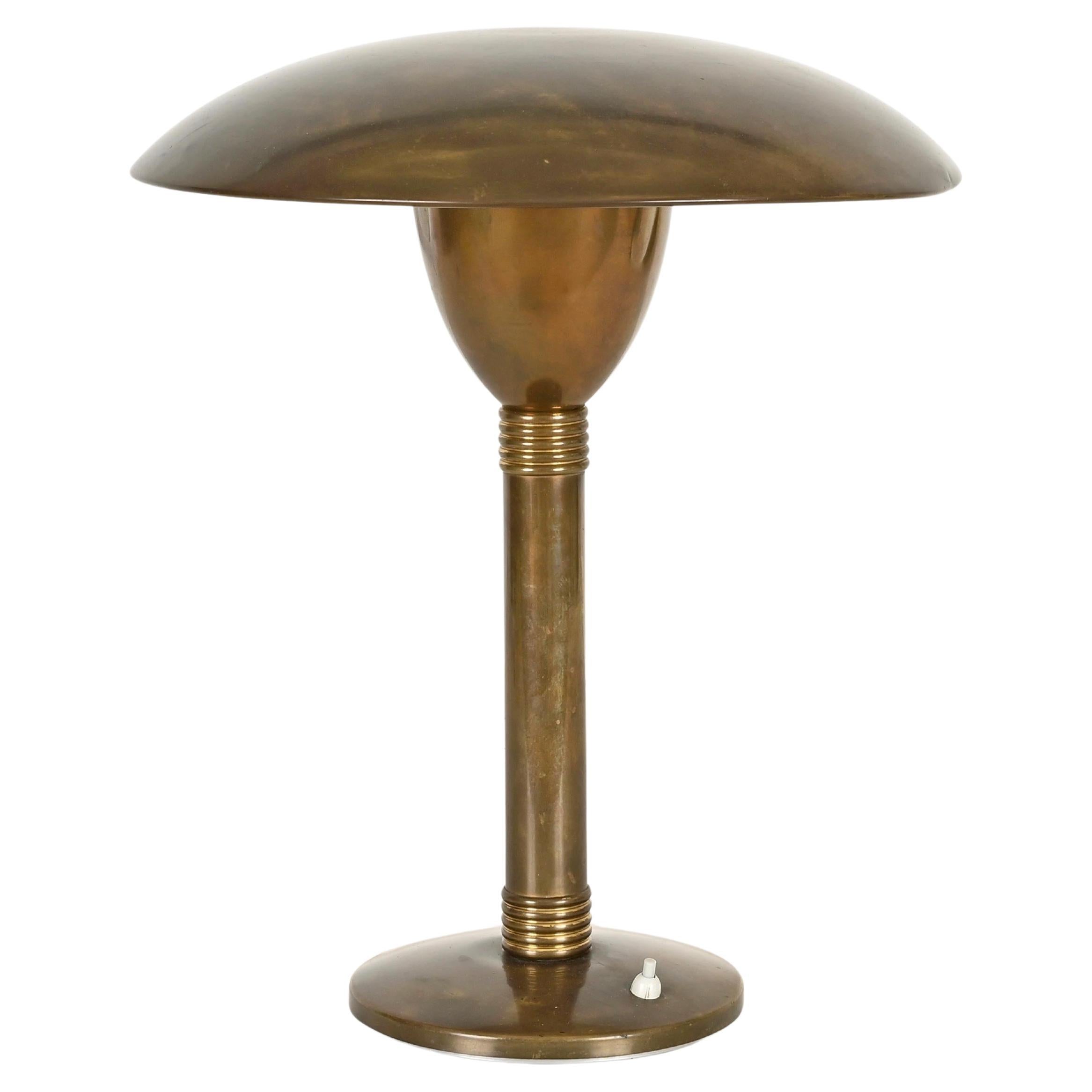 Italian Art Deco Patinated Brass Mushroom Table Lamp, Italy, 1940s