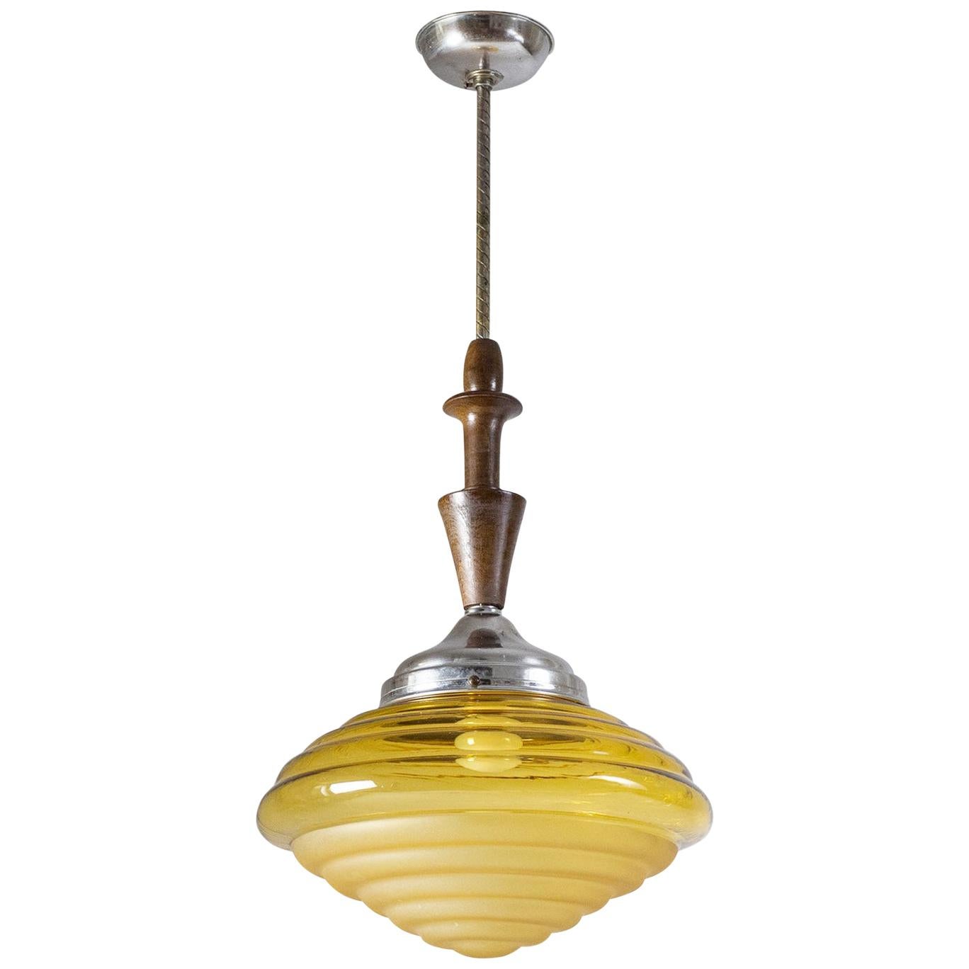Lampe à suspension Art déco italienne, vers 1930, verre ambré, bois