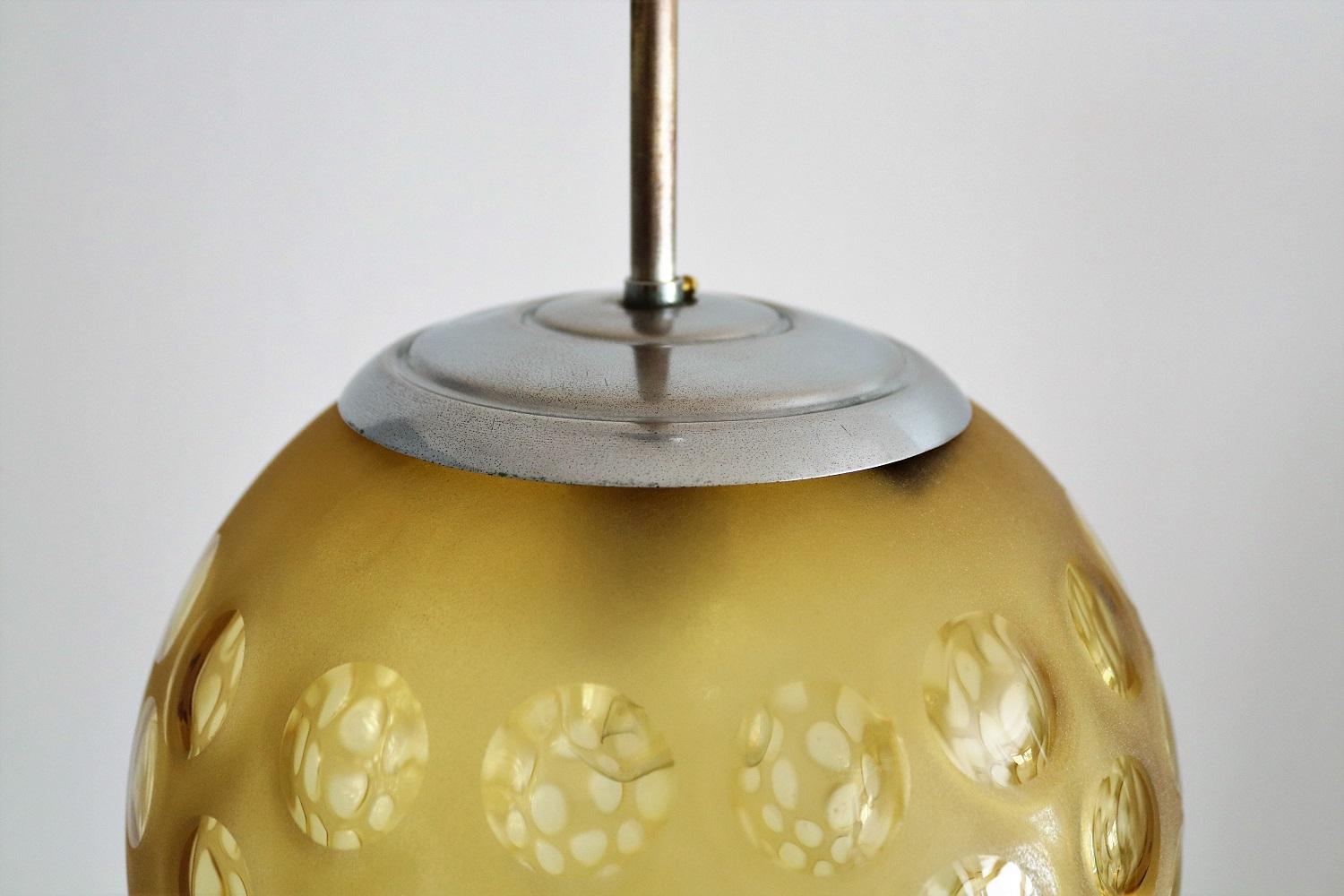 Mid-20th Century Italian Art Deco Pendant Lamp with Frosted Glass Globe, 1940s For Sale