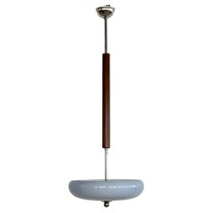 Italian Art Deco Pendant Light with sky-blue glass bowl and Wood