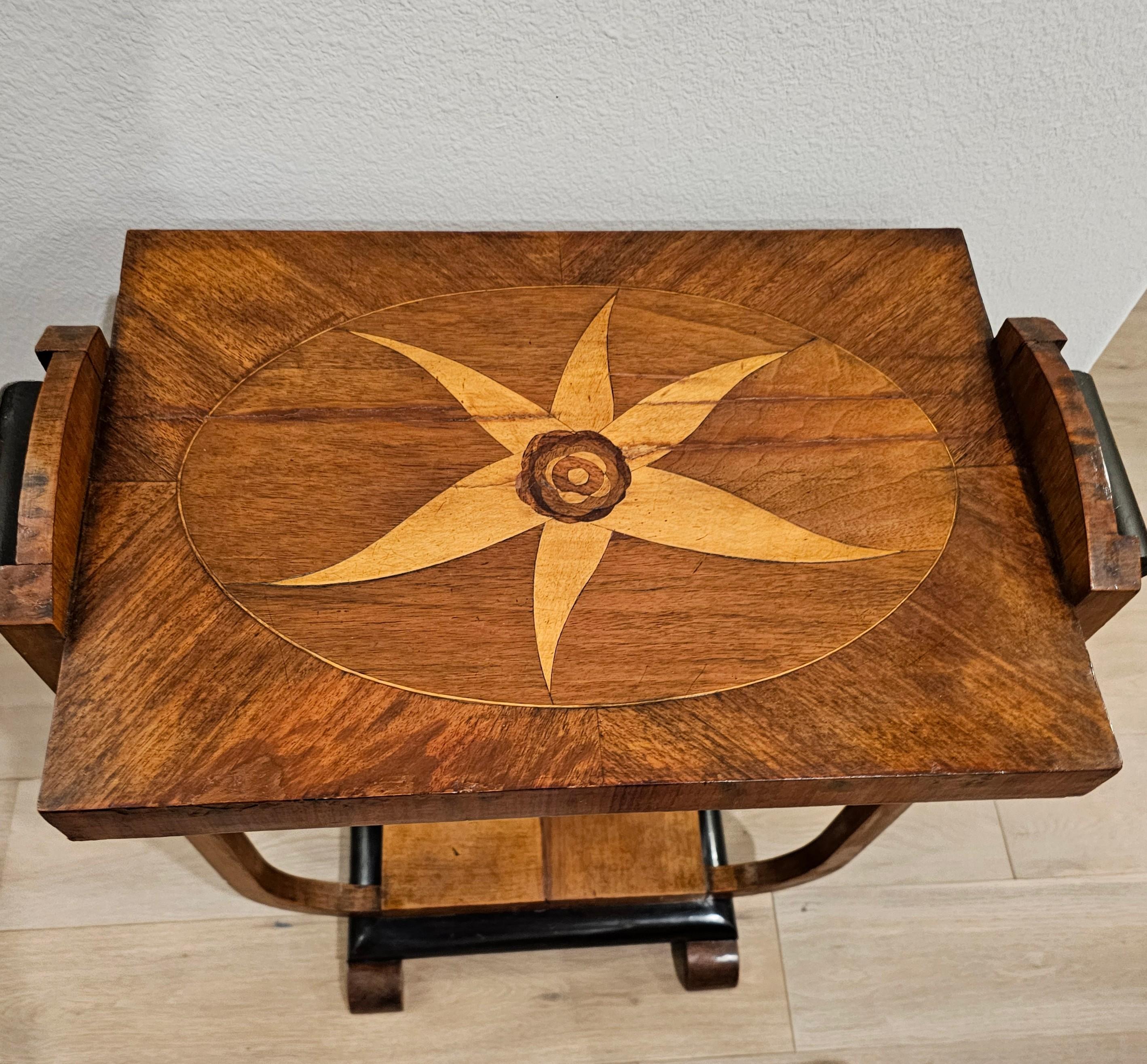 Italian Art Deco Period Mahogany Marquetry Tiered Side Table In Fair Condition In Forney, TX