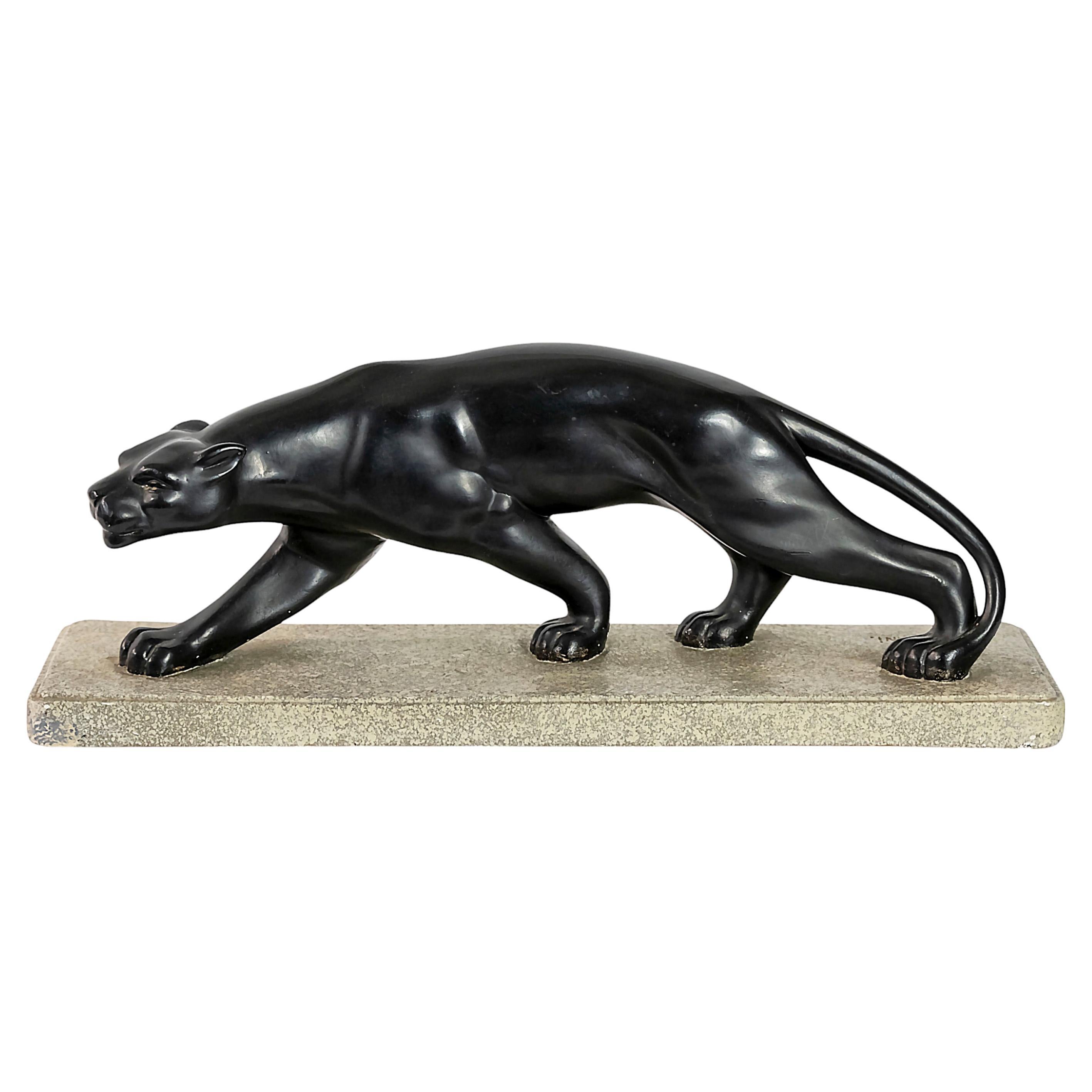 Italian Art Deco Plaster Panther Sculpture by S. Melani, 1930's