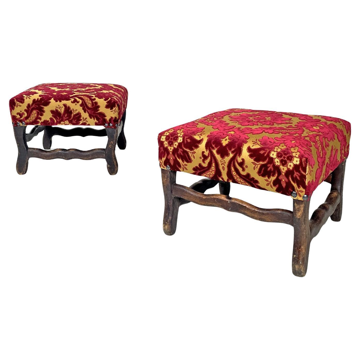 French antique poufs in wood with yellow and dark red damask fabric, 1850s For Sale