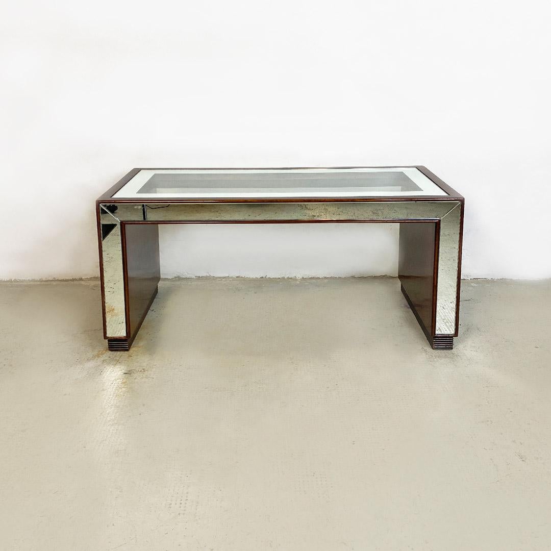 Mid-20th Century Italian Art Deco Rectangular Briar, Glass and Mirrored Side Sofa Table, 1930s For Sale