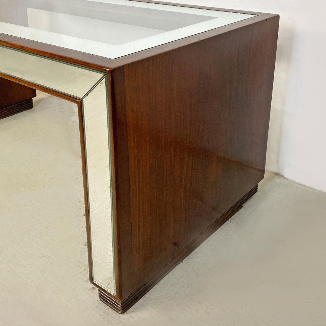 Table de canapé d'appoint rectangulaire Art Déco italienne avec oreilles, verre et miroir, années 1930 en vente 1