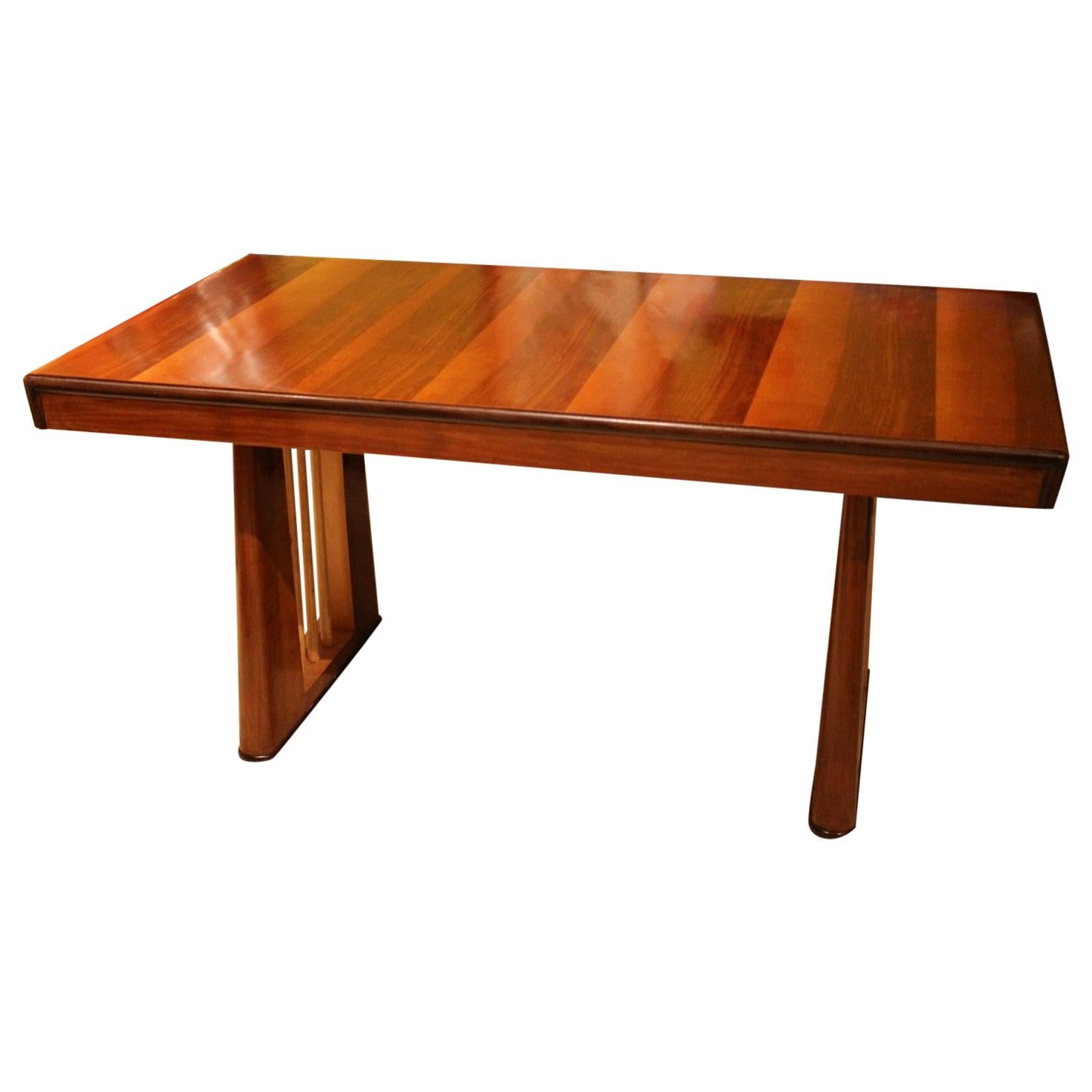 Italian Art Deco Rectangular Walnut and Maple Wood Writing Desk or Console Table