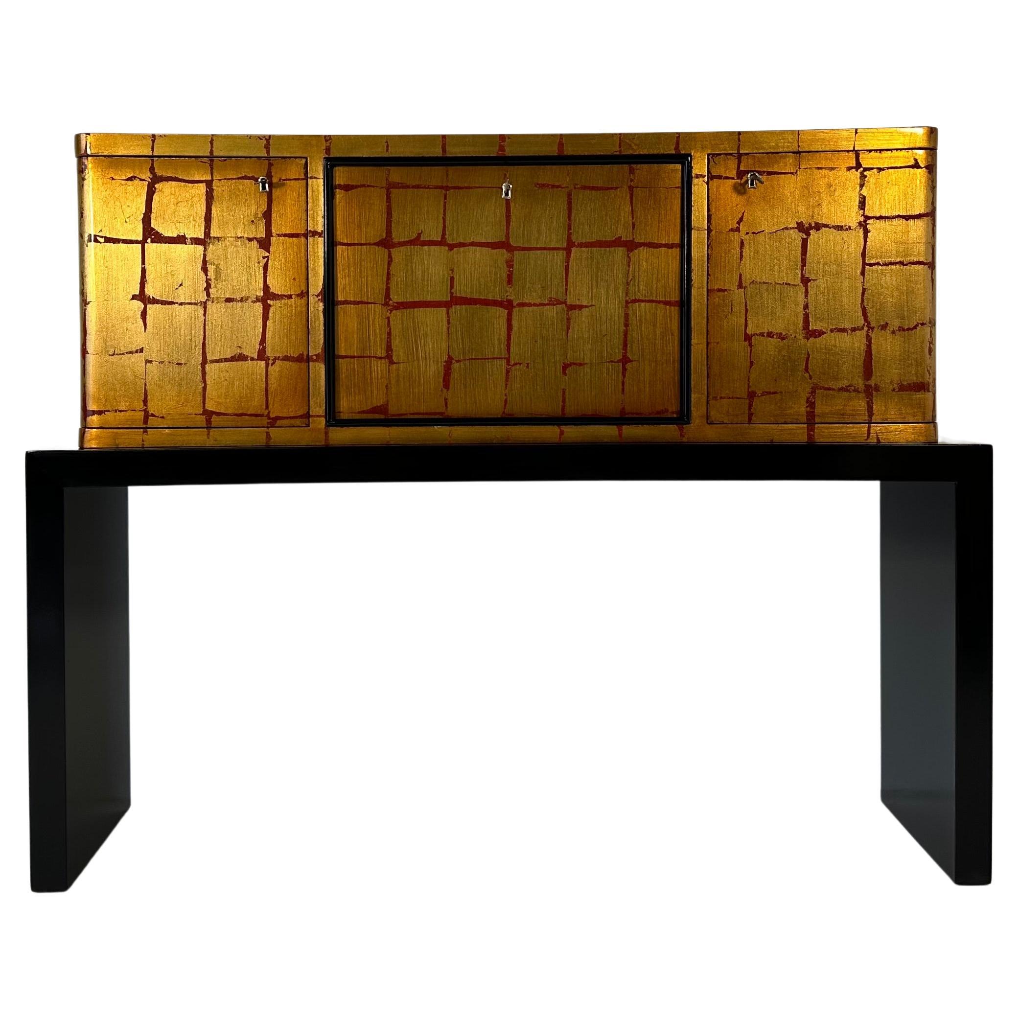 Meuble de rangement Art déco italien en laque rouge et noire et feuilles d'or, années 1940