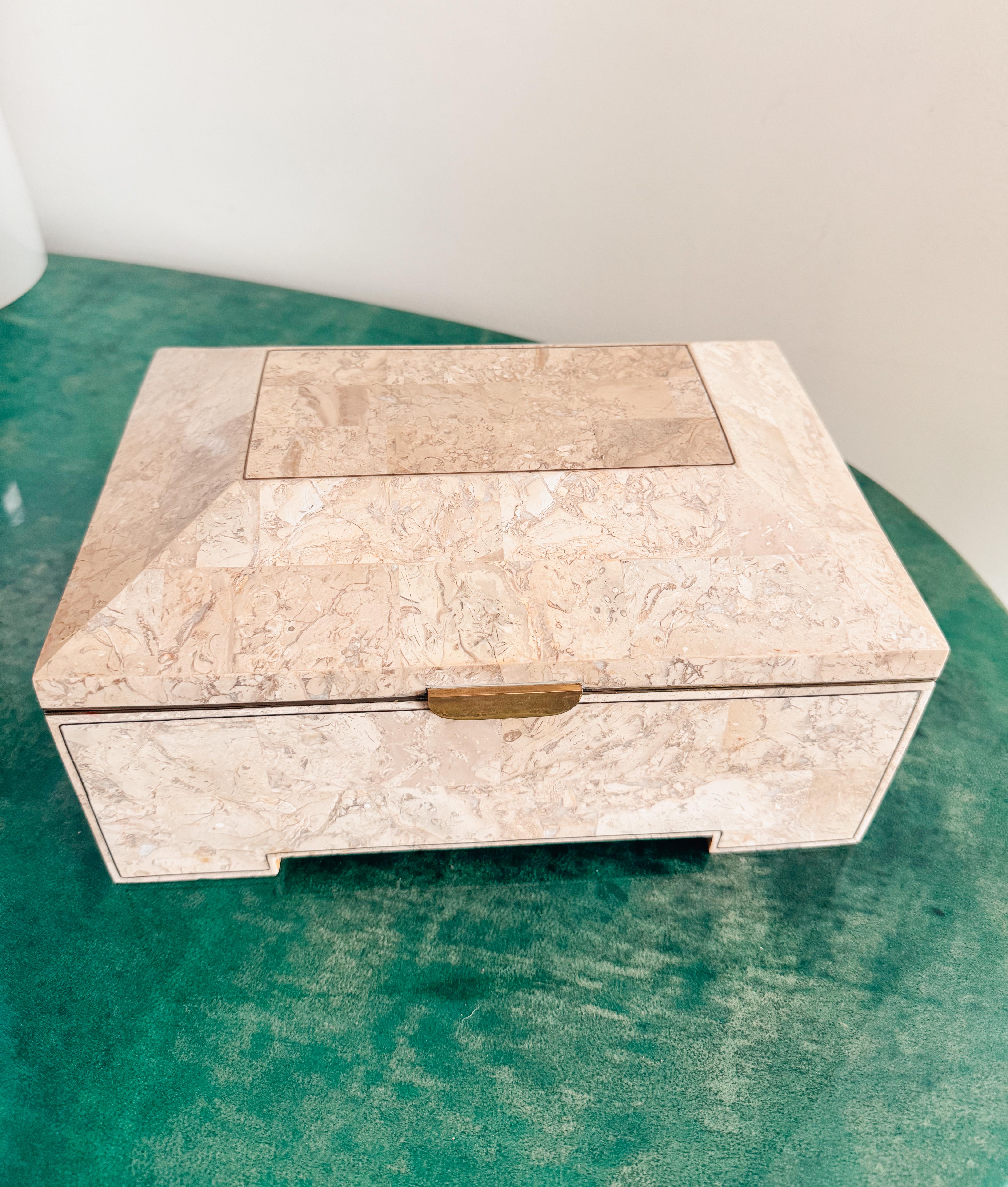 Laiton Italian Art Deco Revival Fossil Limestone & Brass Box, Mahogany Interior 1970s en vente