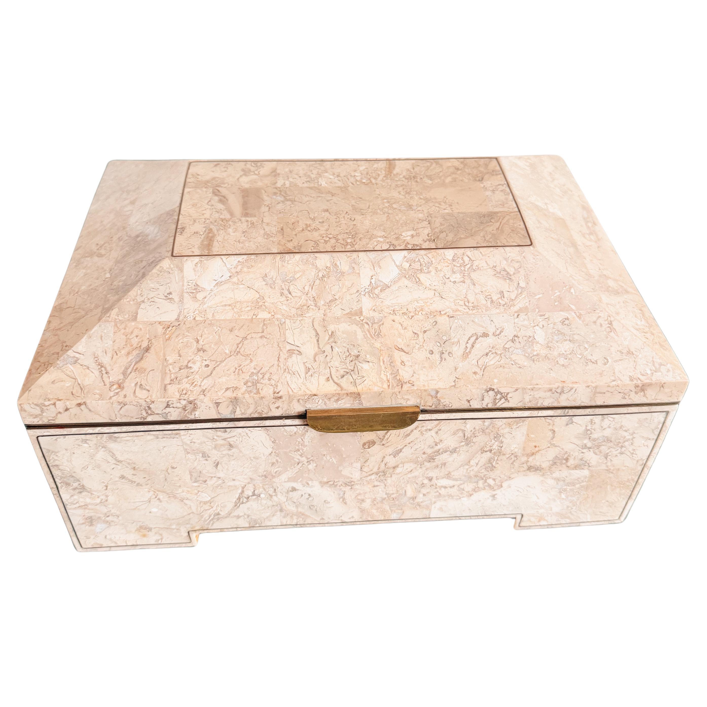 Italian Art Deco Revival Fossil Limestone
Brass Box, Mahogany Interior 1970s