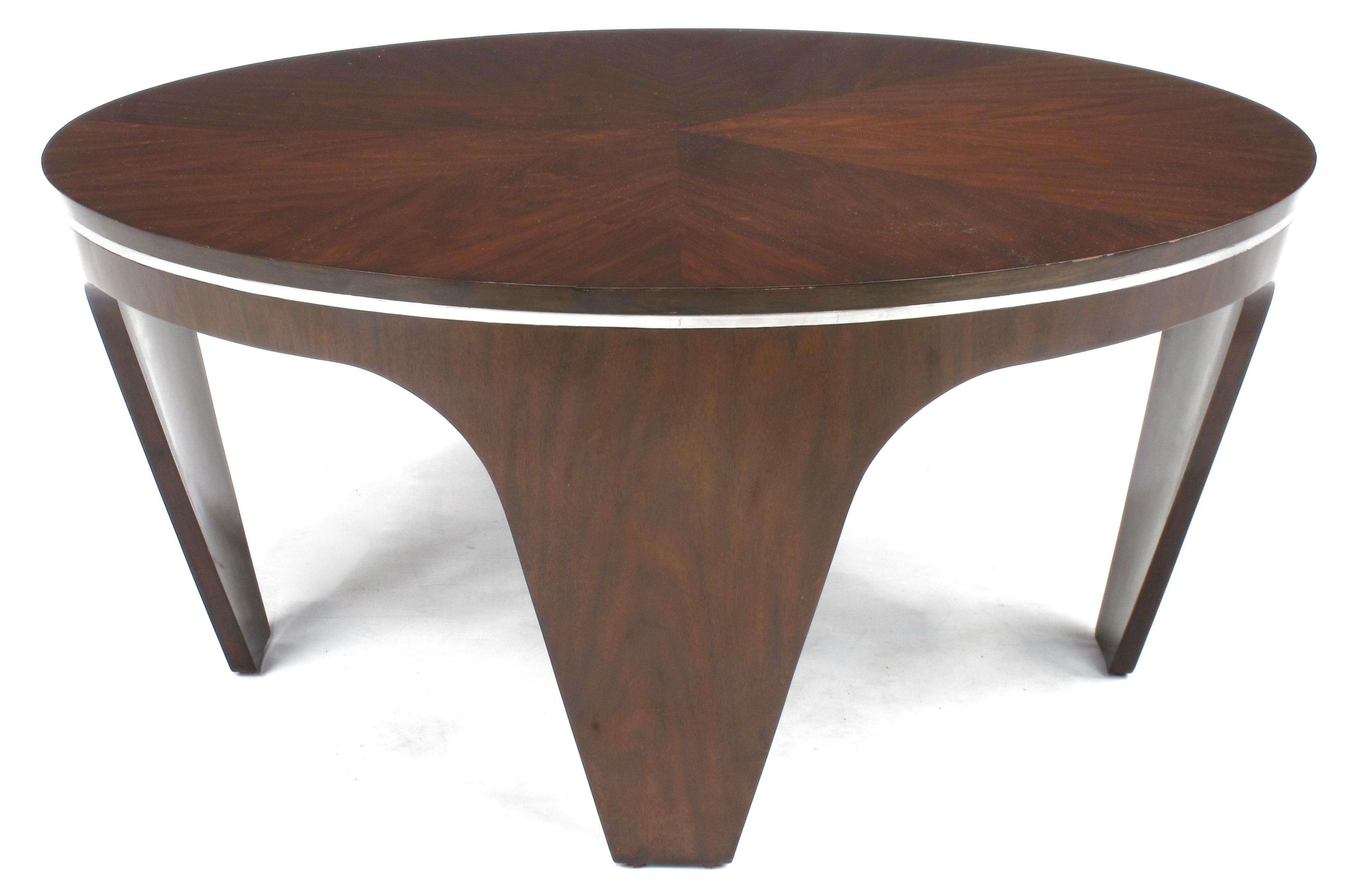 Glass Italian Art Deco Revival Round Mahogany Coffee Table with Parquetry Top