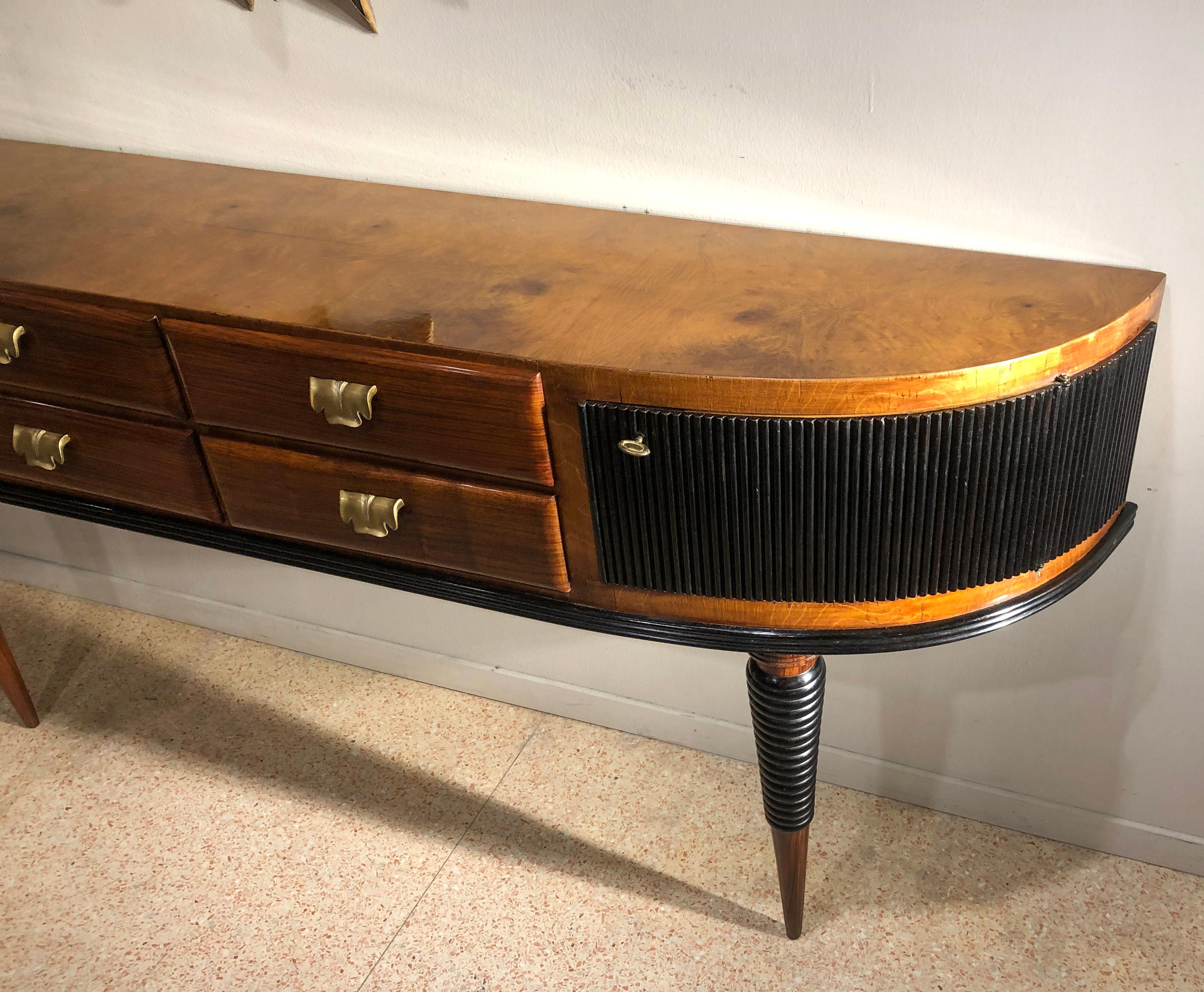 Italian Art Deco Rosewood Console Table Credenza with Black and Brass Details 9