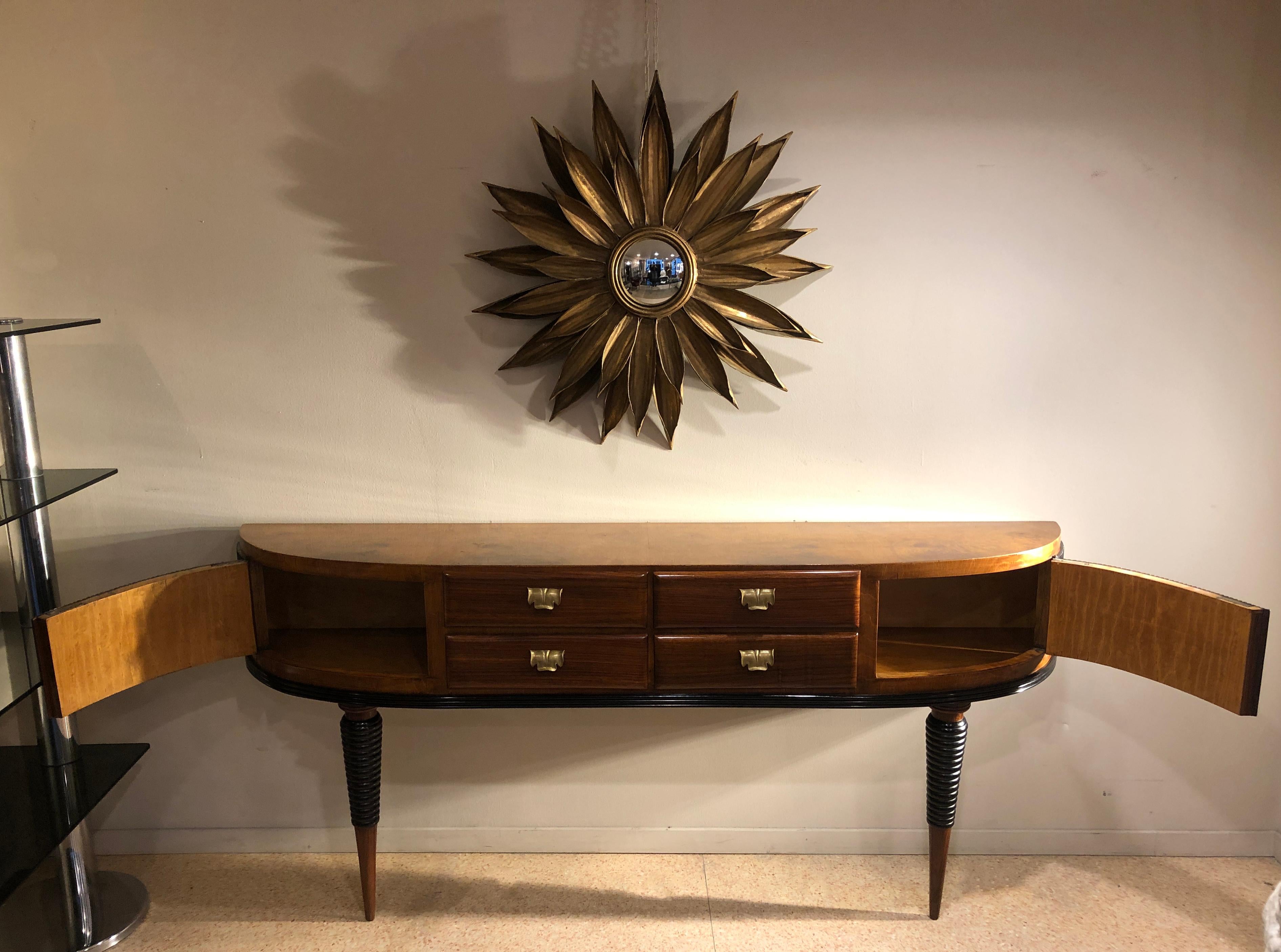 20th Century Italian Art Deco Rosewood Console Table Credenza with Black and Brass Details