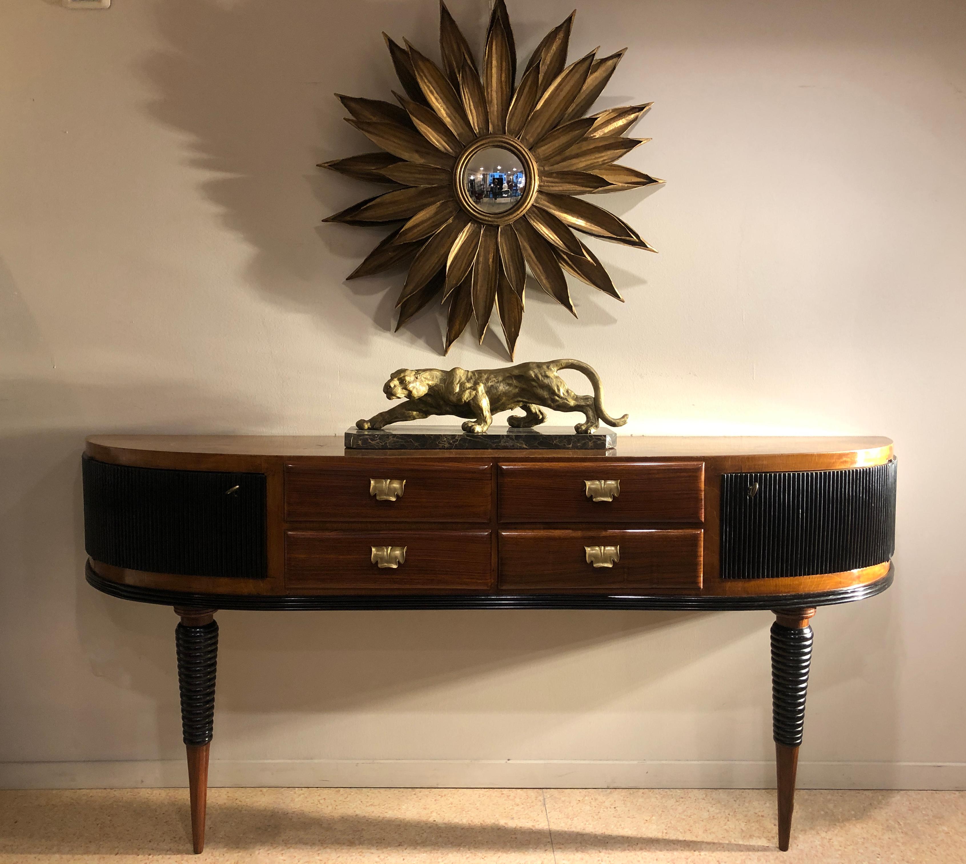 Italian Art Deco Rosewood Console Table Credenza with Black and Brass Details 1
