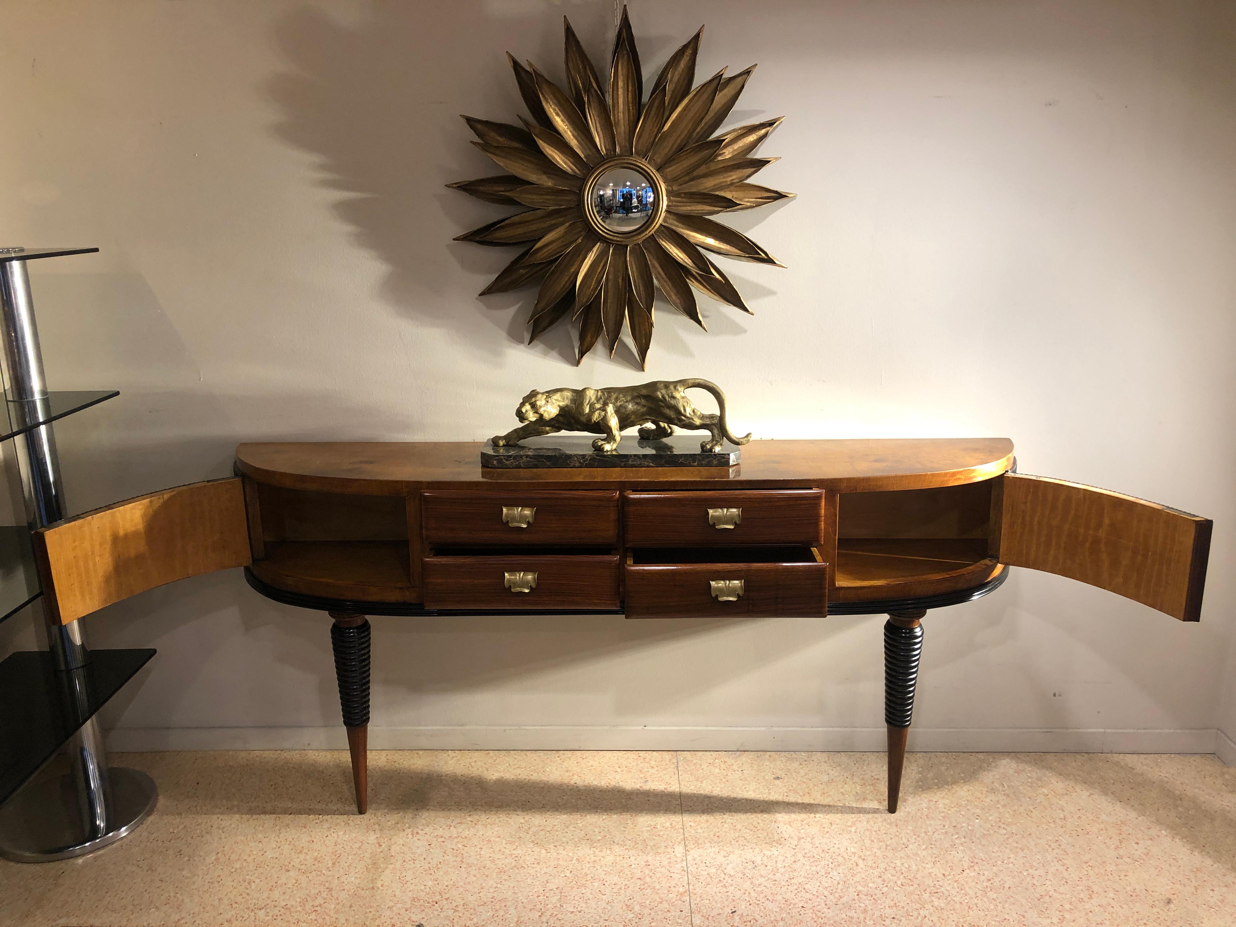 Italian Art Deco Rosewood Console Table Credenza with Black and Brass Details 3