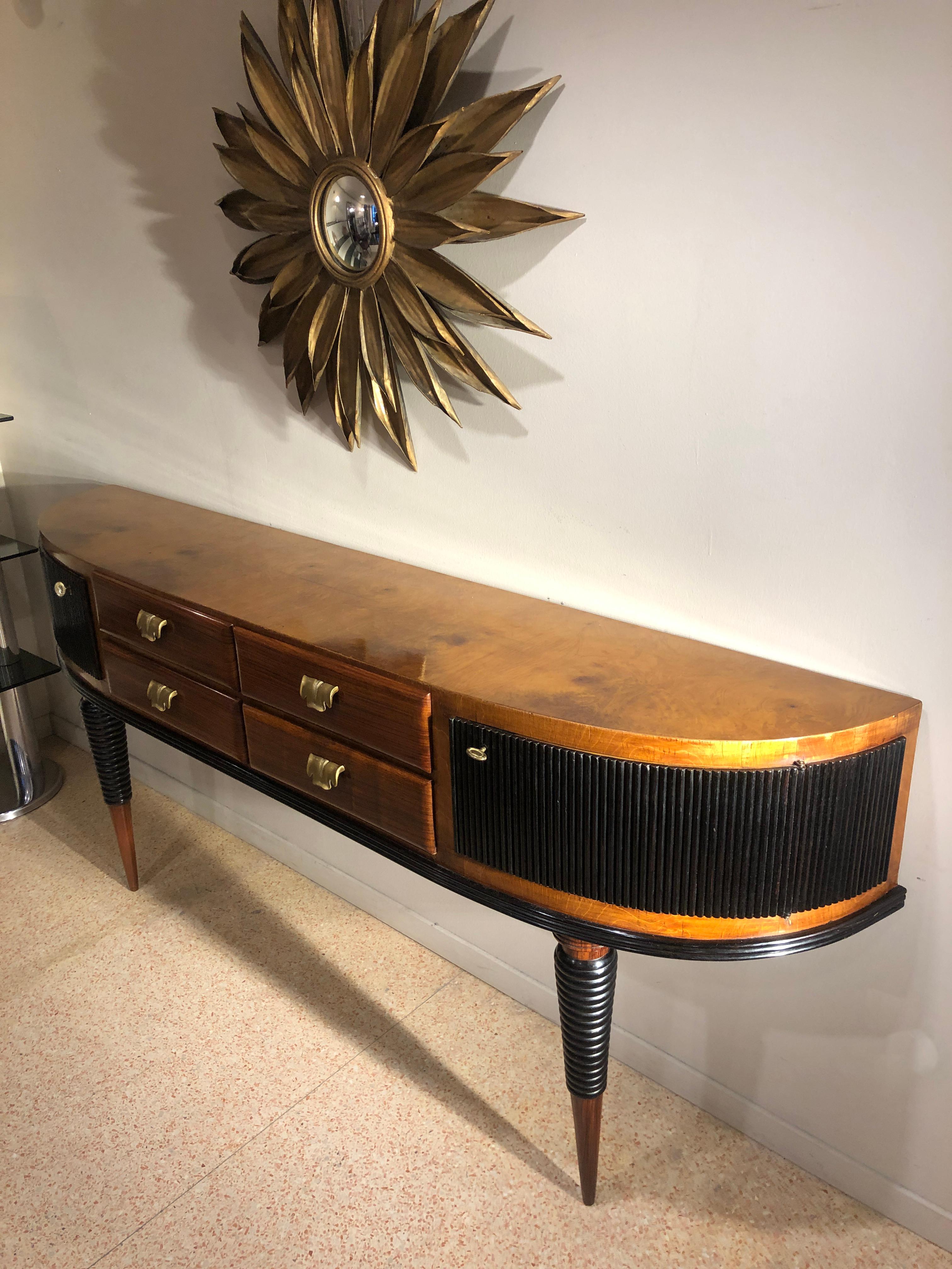 Italian Art Deco Rosewood Console Table Credenza with Black and Brass Details 4