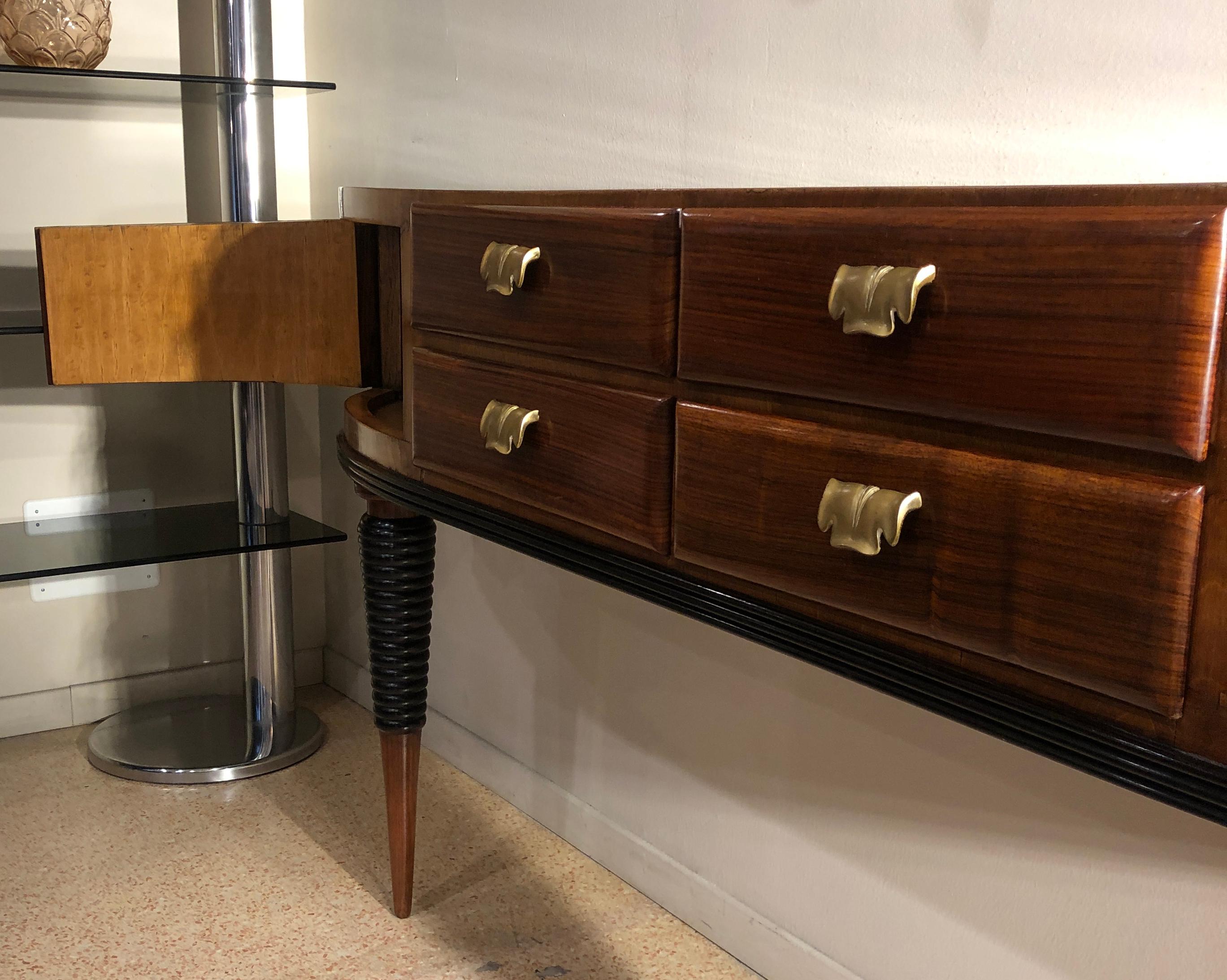 Italian Art Deco Rosewood Console Table Credenza with Black and Brass Details 6