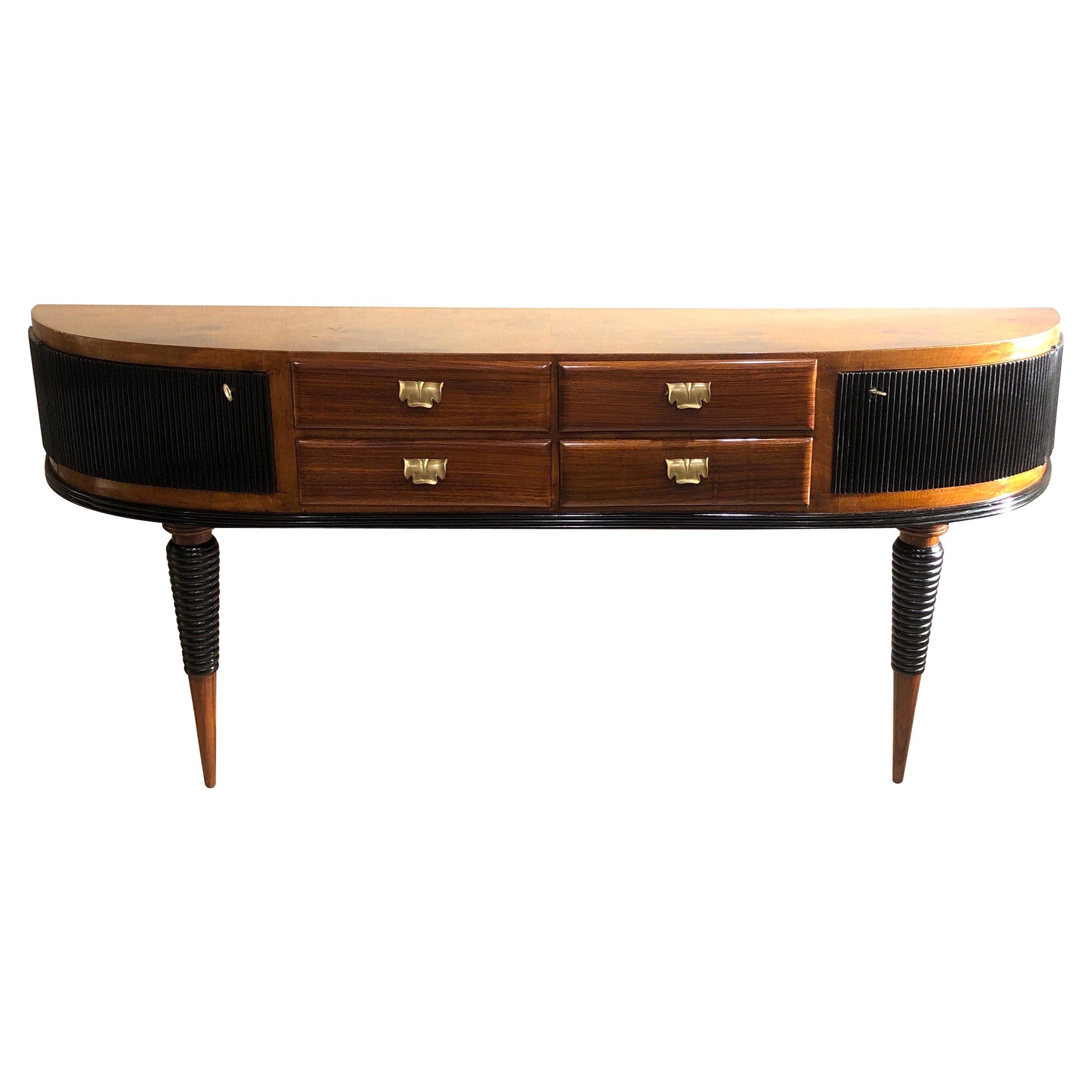 Italian Art Deco Rosewood Console Table Credenza with Black and Brass Details