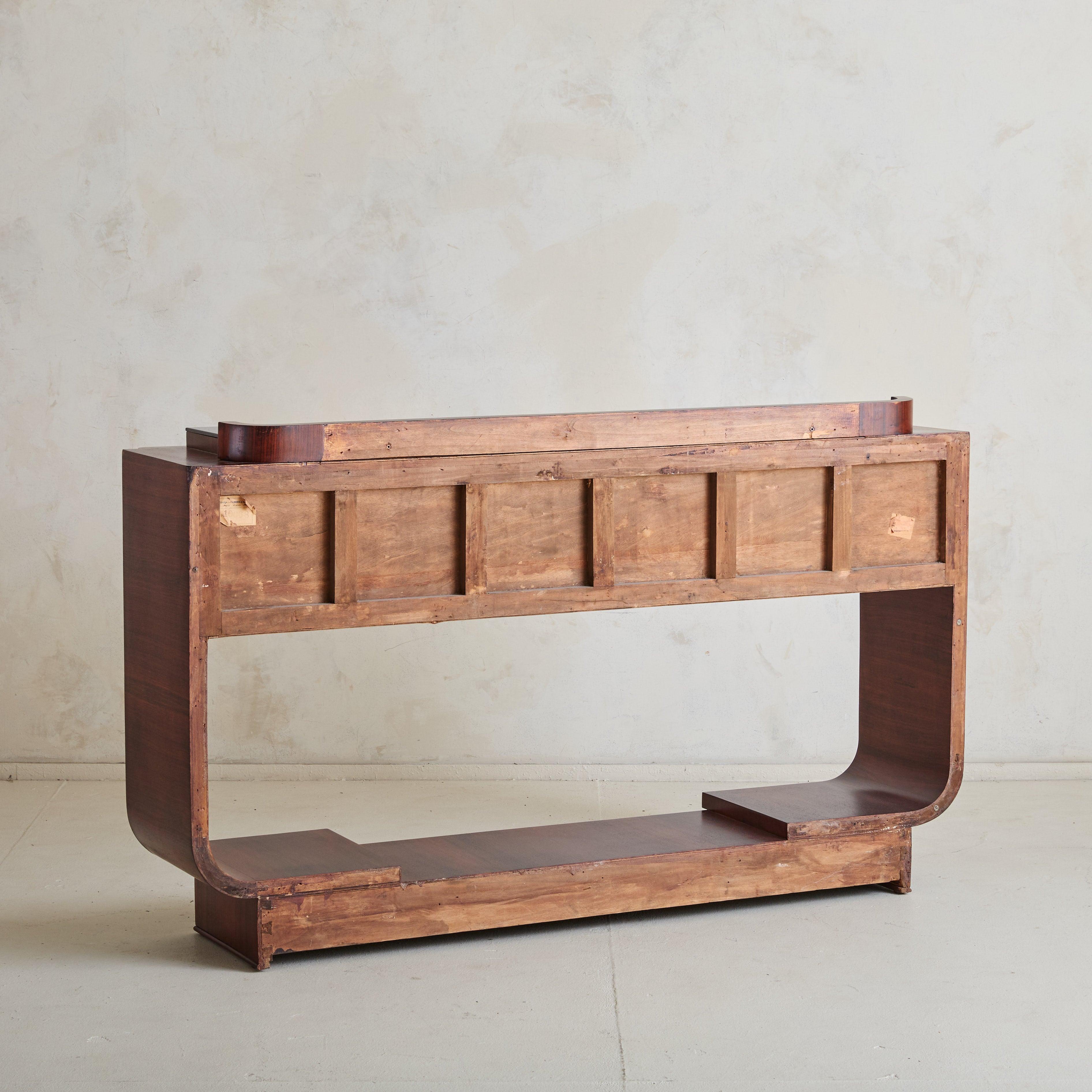 Italian Art Deco Rosewood Veneer Console with Vegan Leather Drawers + Glass Top im Angebot 4