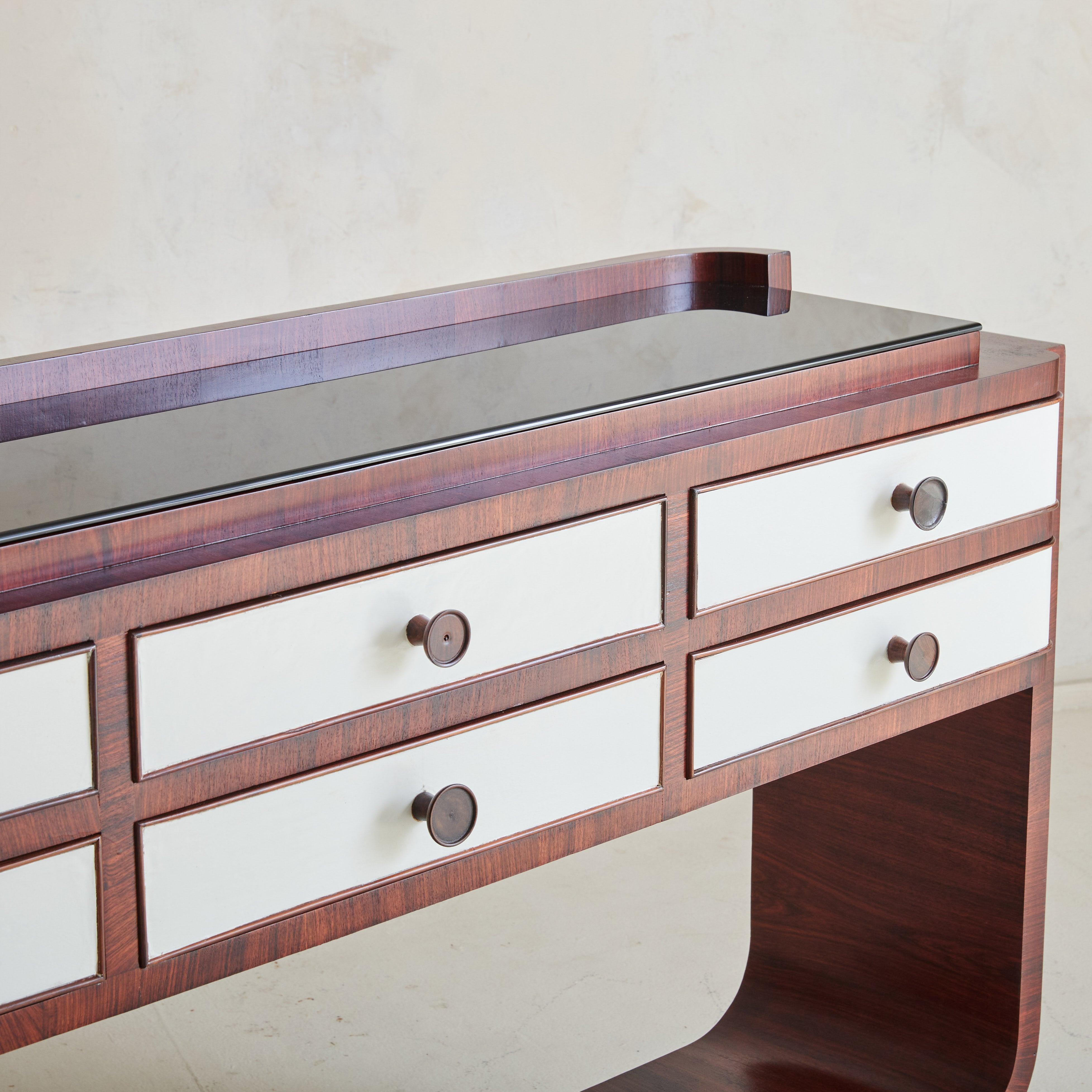 Italian Art Deco Rosewood Veneer Console with Vegan Leather Drawers + Glass Top (Art déco) im Angebot