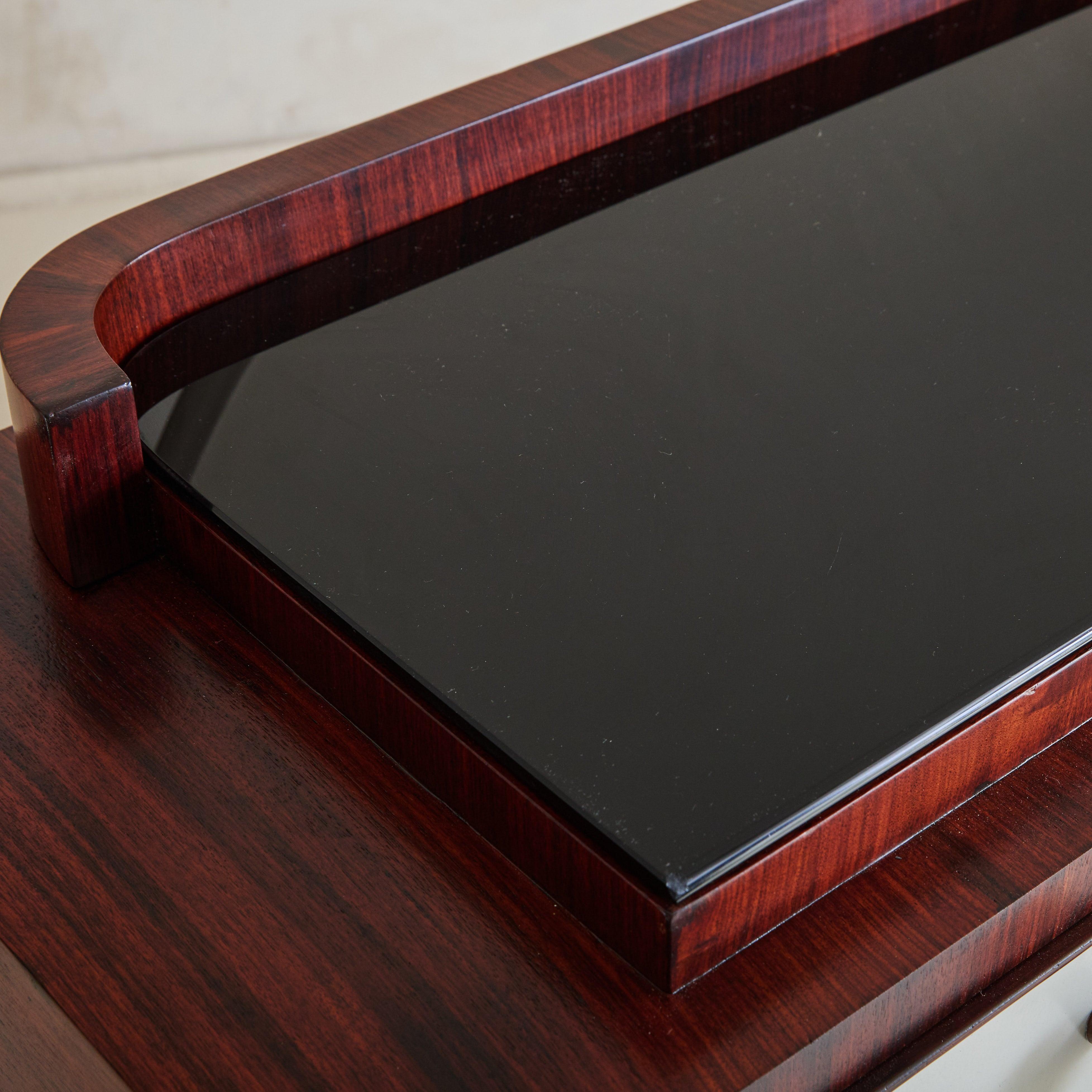Italian Art Deco Rosewood Veneer Console with Vegan Leather Drawers + Glass Top (Italienisch) im Angebot
