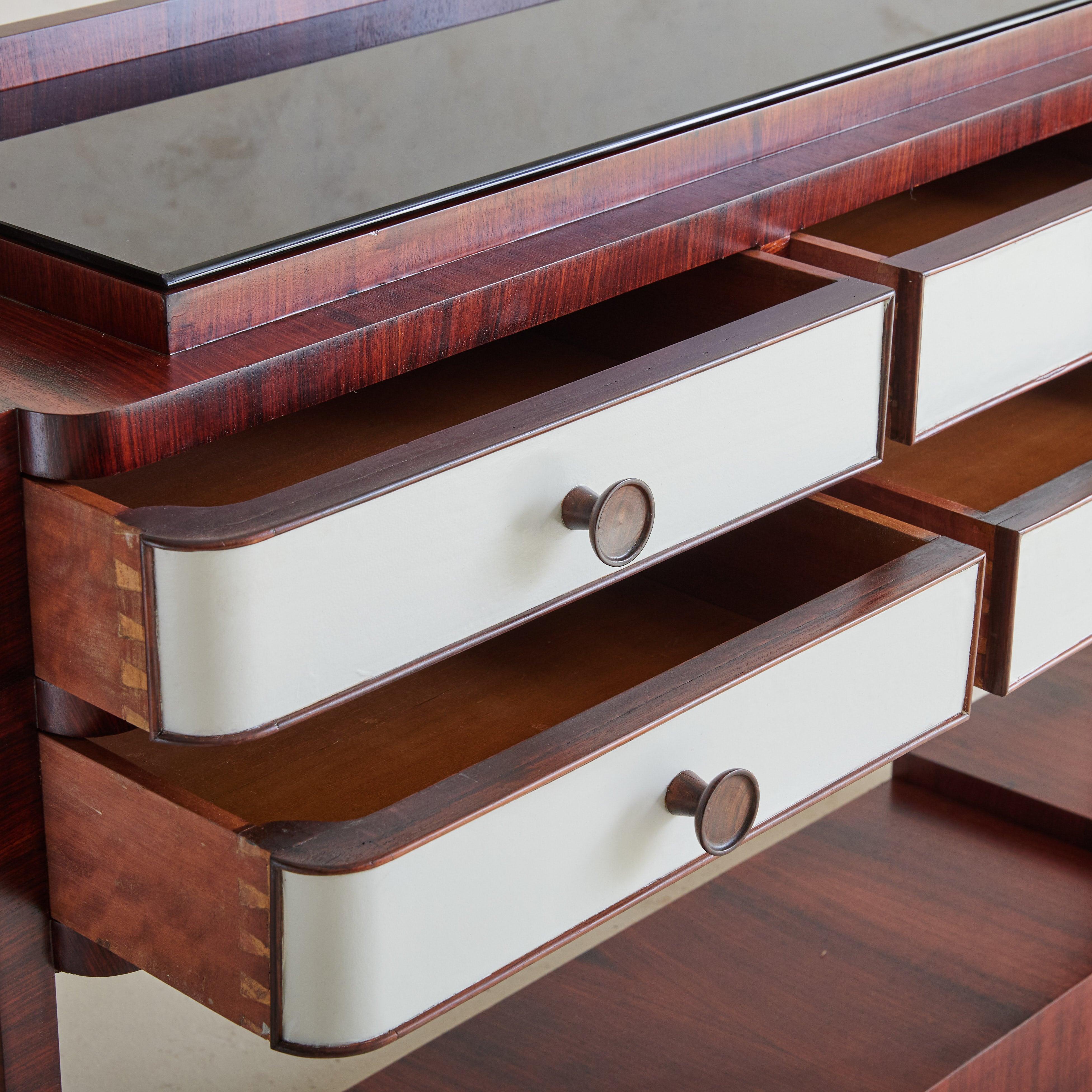 Italian Art Deco Rosewood Veneer Console with Vegan Leather Drawers + Glass Top (Mitte des 20. Jahrhunderts) im Angebot