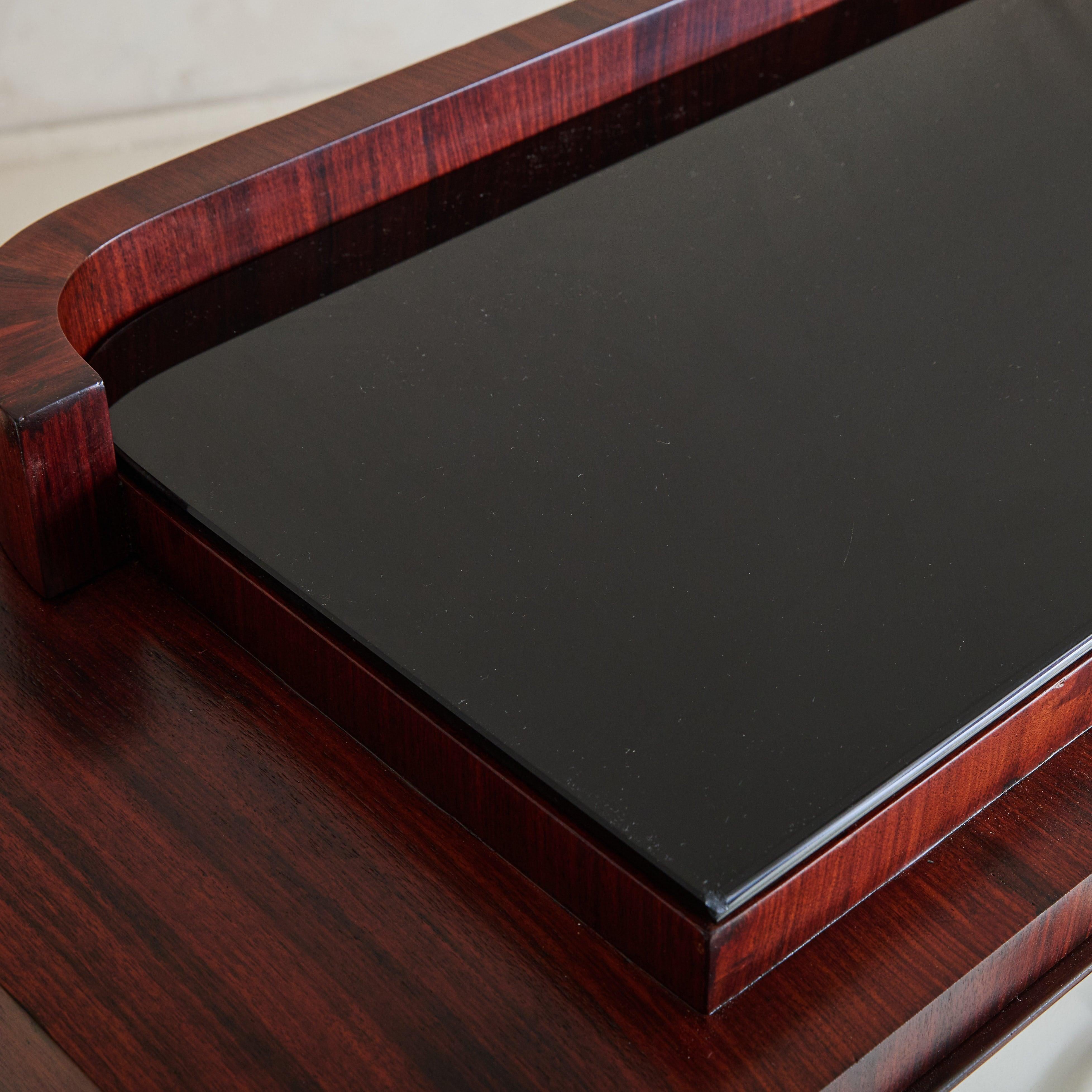 Italian Art Deco Rosewood Veneer Console with Vegan Leather Drawers + Glass Top im Angebot 1