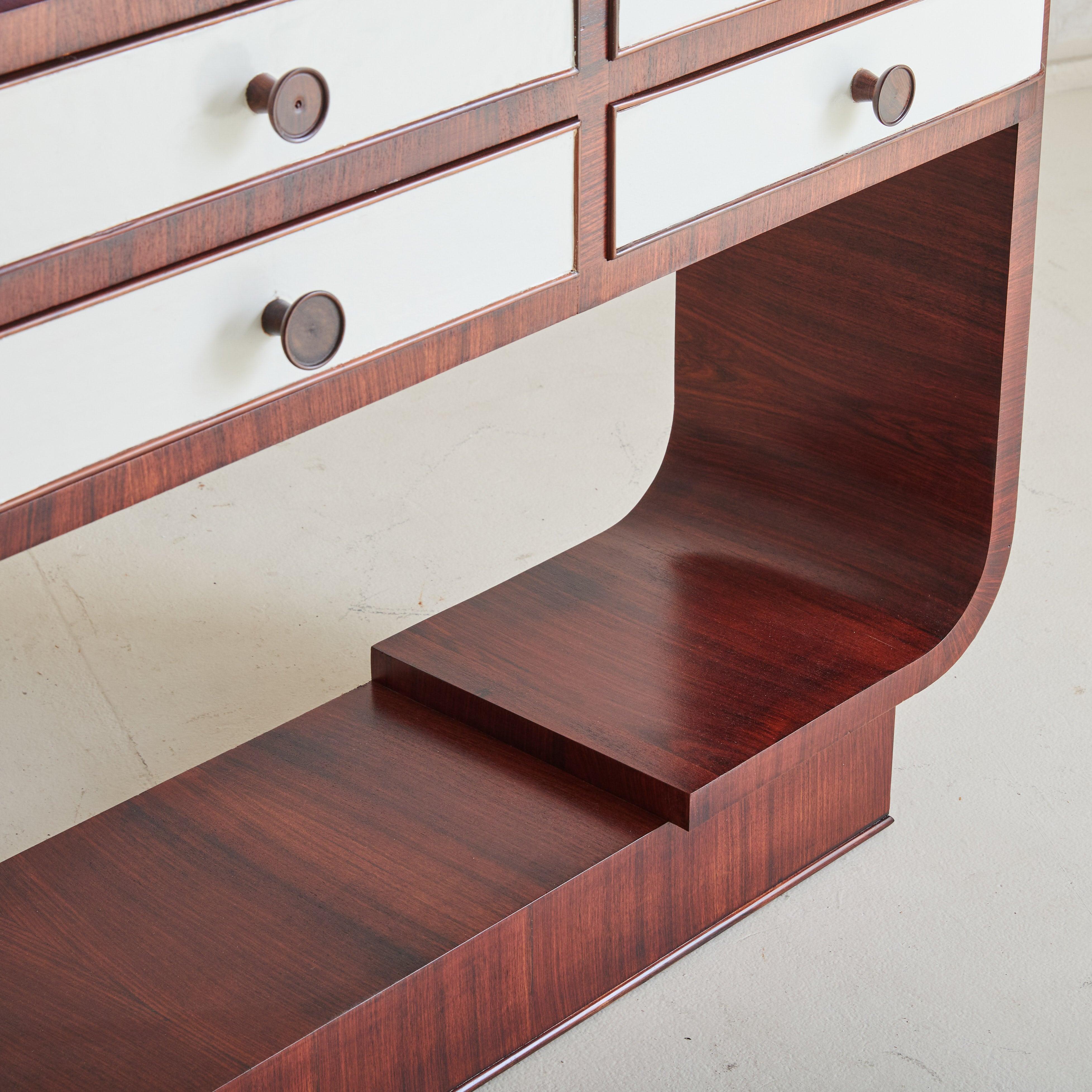 Italian Art Deco Rosewood Veneer Console with Vegan Leather Drawers + Glass Top im Angebot 2