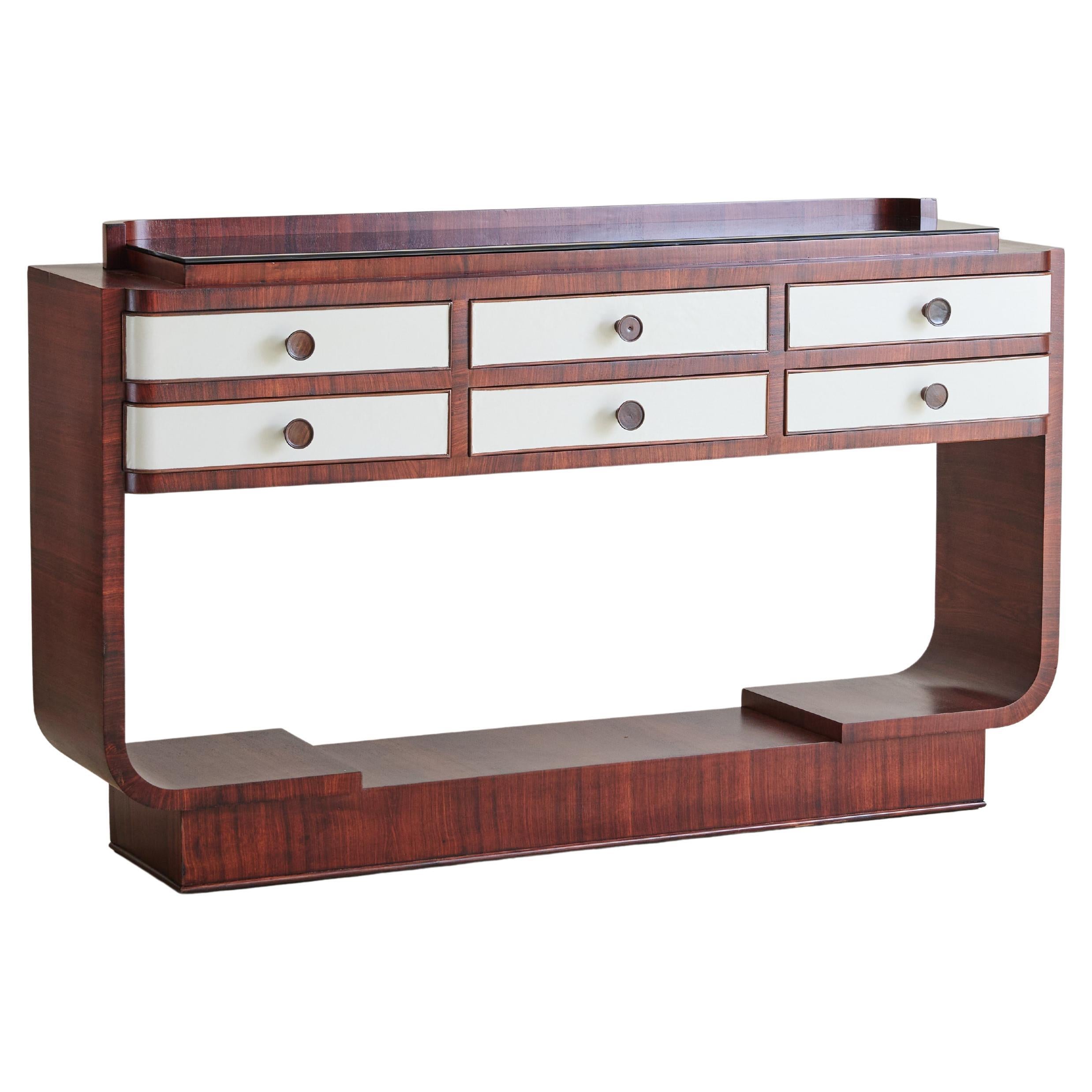 Italian Art Deco Rosewood Veneer Console with Vegan Leather Drawers + Glass Top im Angebot