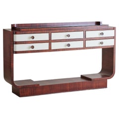 Vintage Italian Art Deco Rosewood Veneer Console with Vegan Leather Drawers + Glass Top