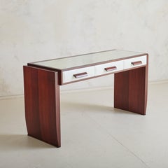 Italian Art Deco Rosewood Veneer Vanity with Vegan Leather Drawers + Mirror Top