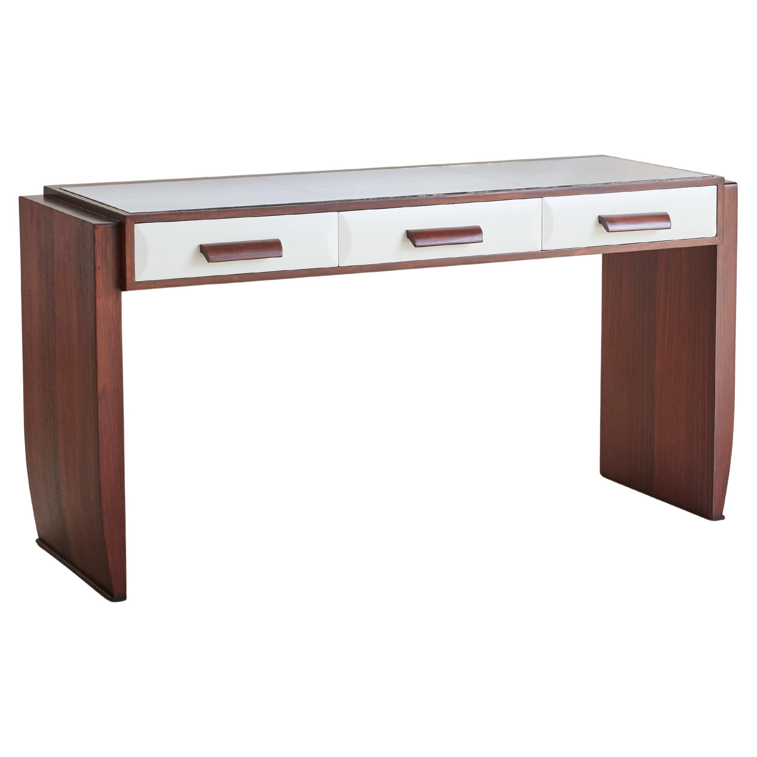 Italian Art Deco Rosewood Veneer Vanity with Vegan Leather Drawers + Mirror Top