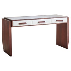 Vintage Italian Art Deco Rosewood Veneer Vanity with Vegan Leather Drawers + Mirror Top