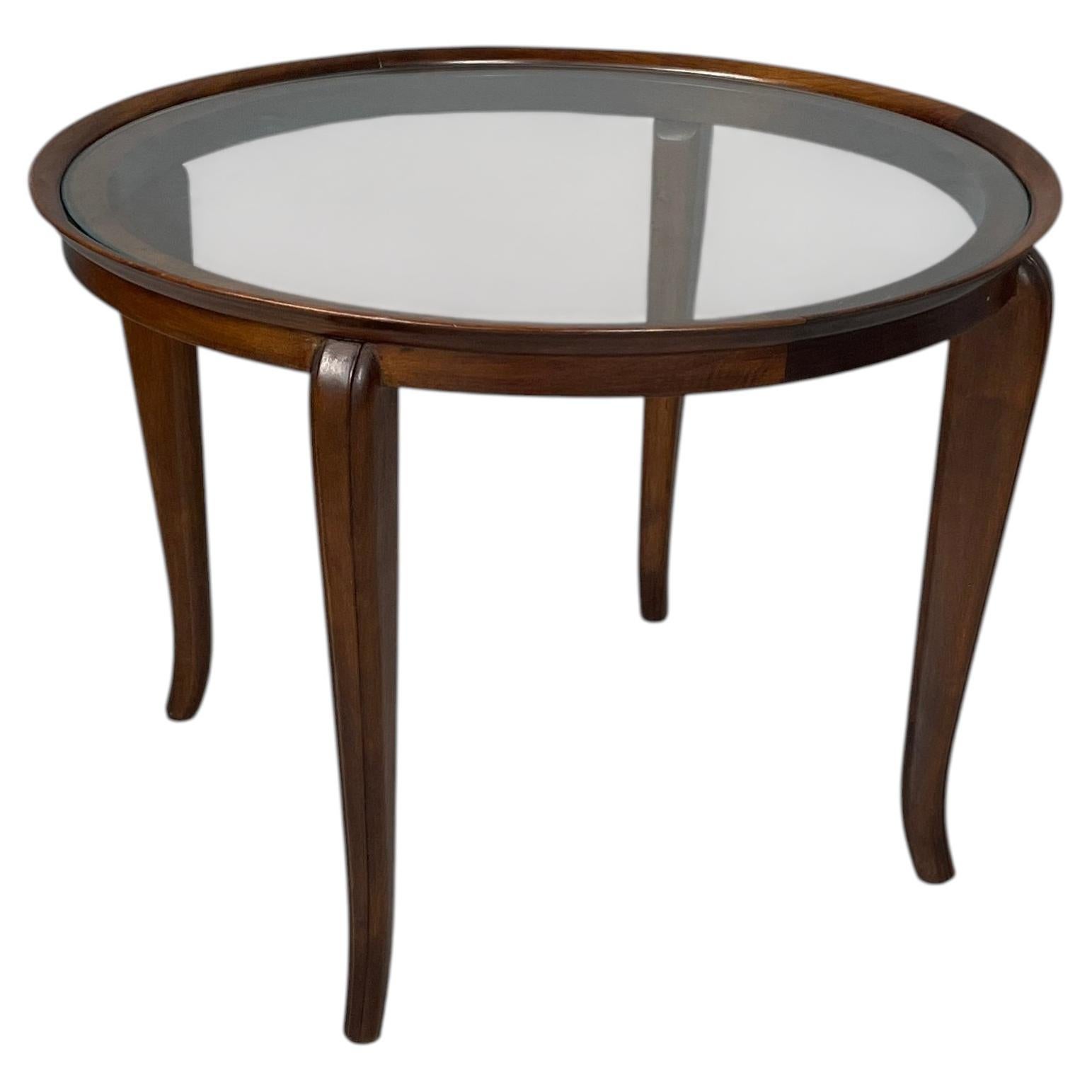 Italian Art Deco round coffe table in wood and glass, 1930s For Sale