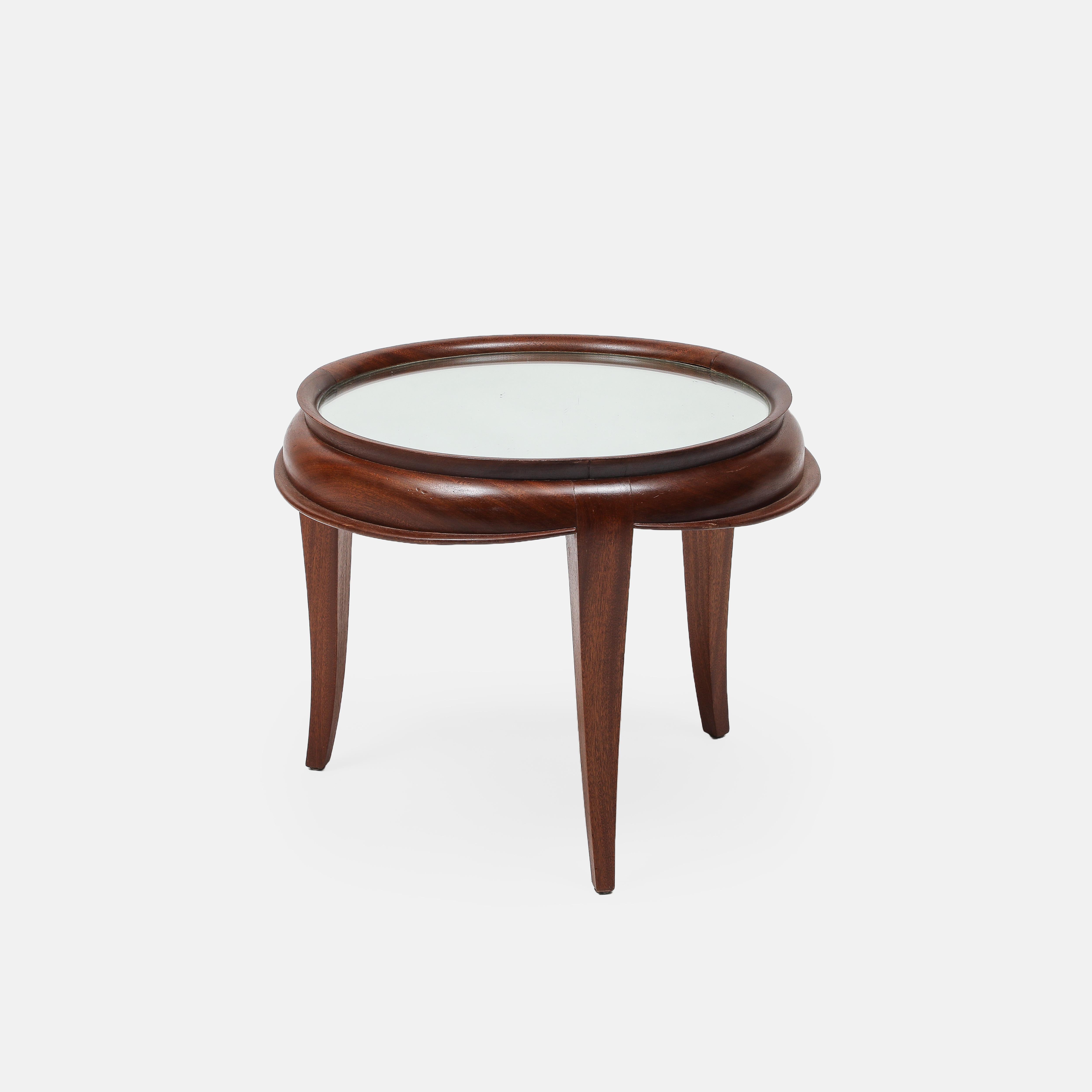 Italian Art Deco Round Tripod Glass Top Coffee Table in Mahogany Teak 1950s In Good Condition For Sale In New York, NY