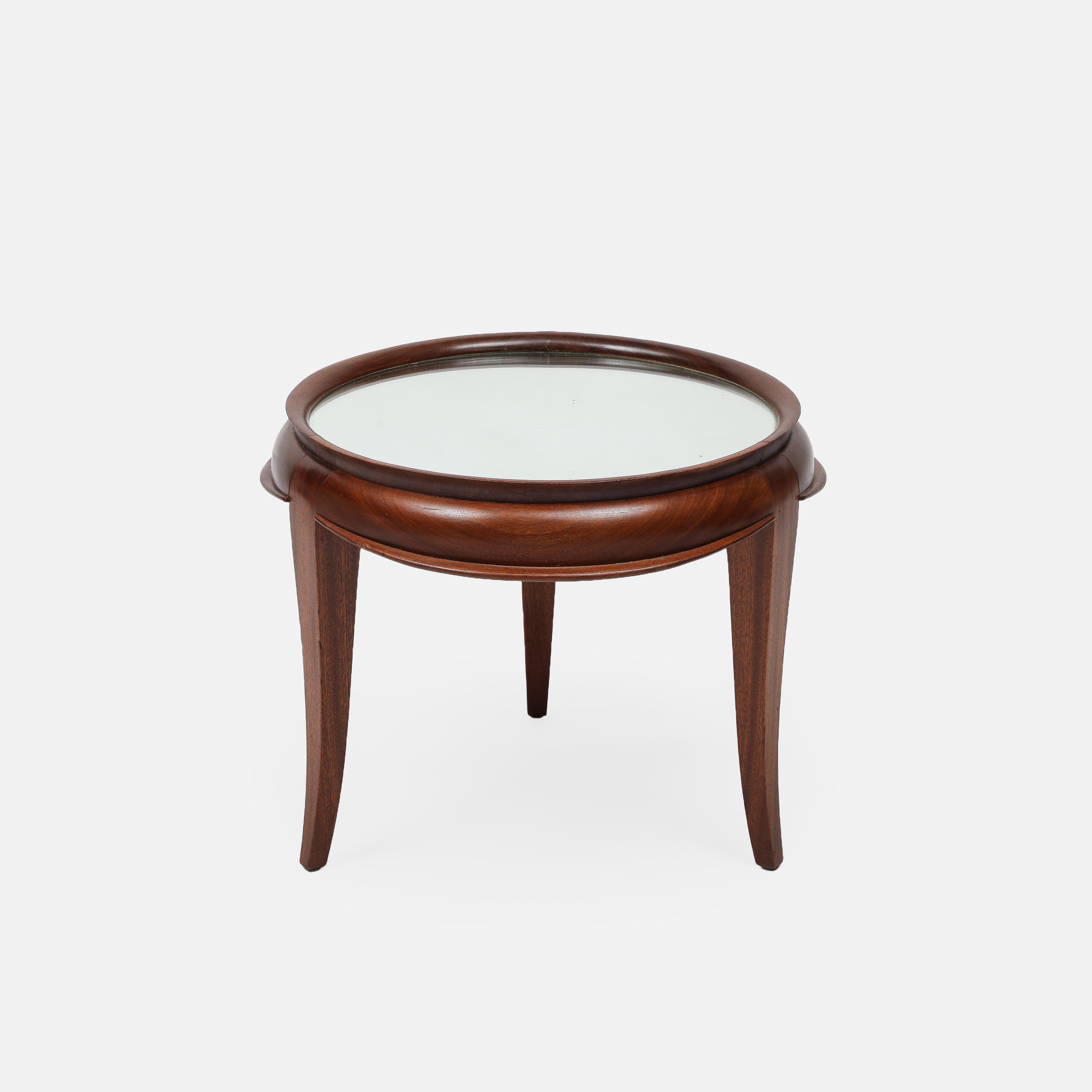 Mid-20th Century Italian Art Deco Round Tripod Glass Top Coffee Table in Mahogany Teak 1950s For Sale