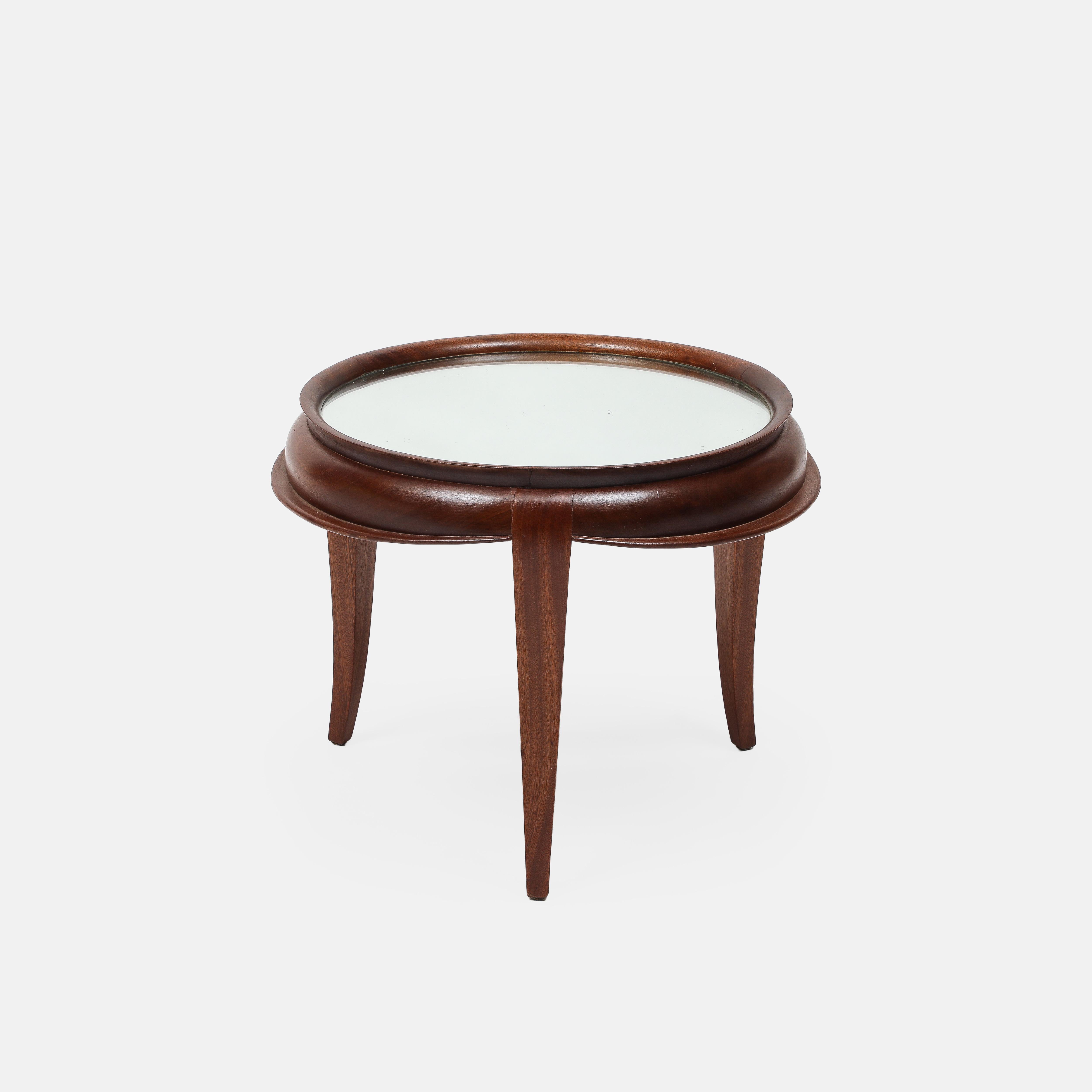 Mirror Italian Art Deco Round Tripod Glass Top Coffee Table in Mahogany Teak 1950s For Sale