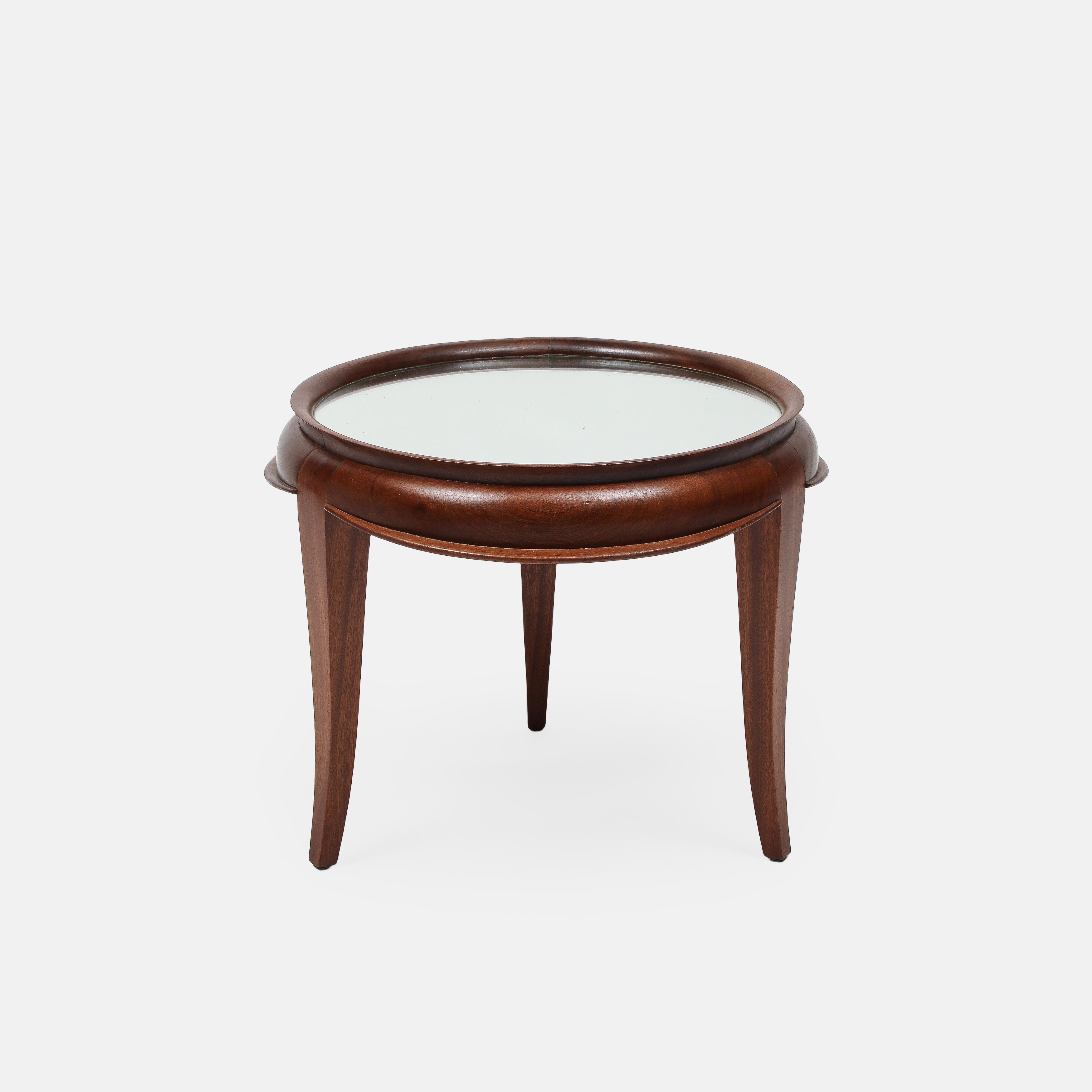 Italian Art Deco Round Tripod Glass Top Coffee Table in Mahogany Teak 1950s For Sale 1