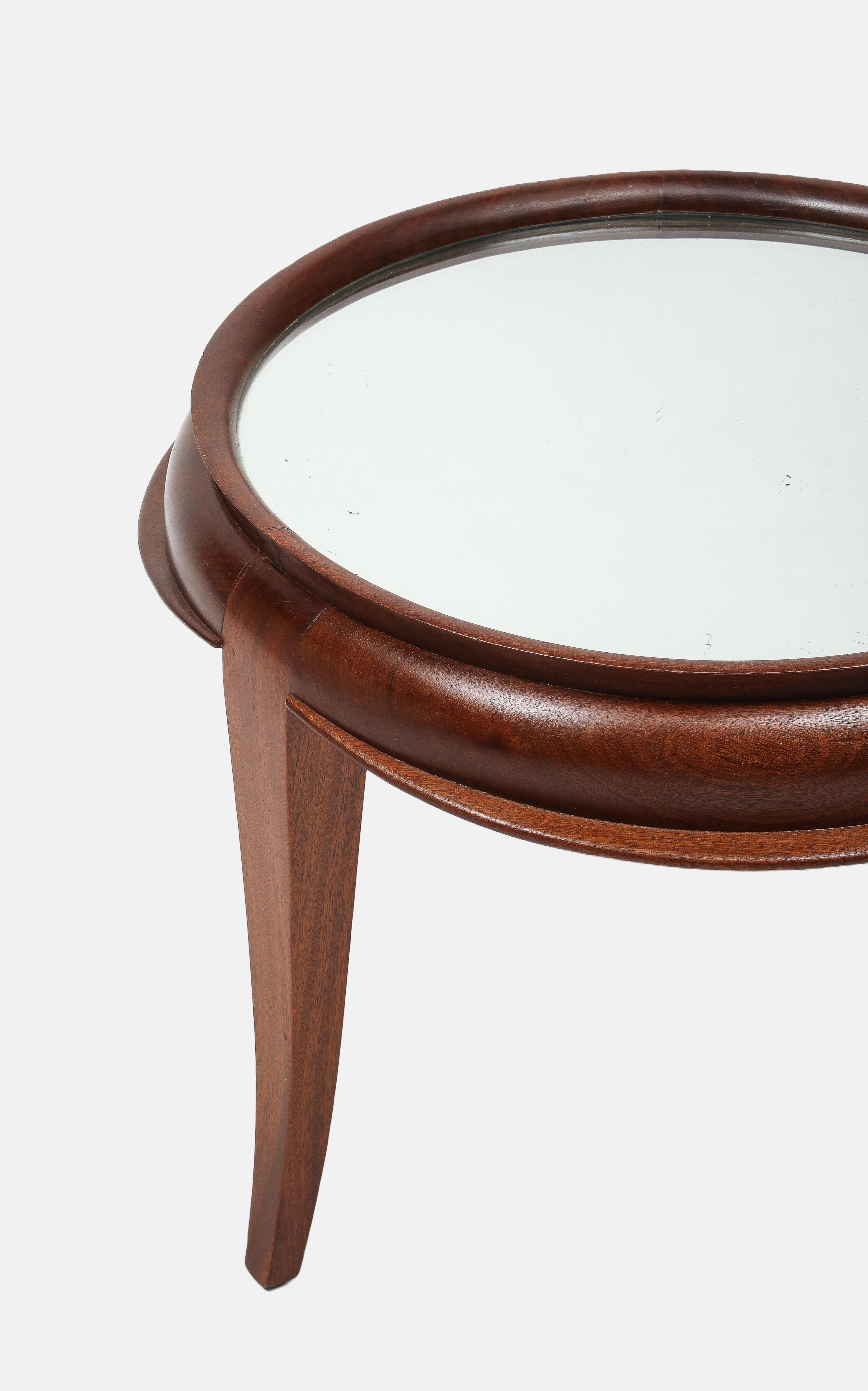 Italian Art Deco Round Tripod Glass Top Coffee Table in Mahogany Teak 1950s For Sale 2