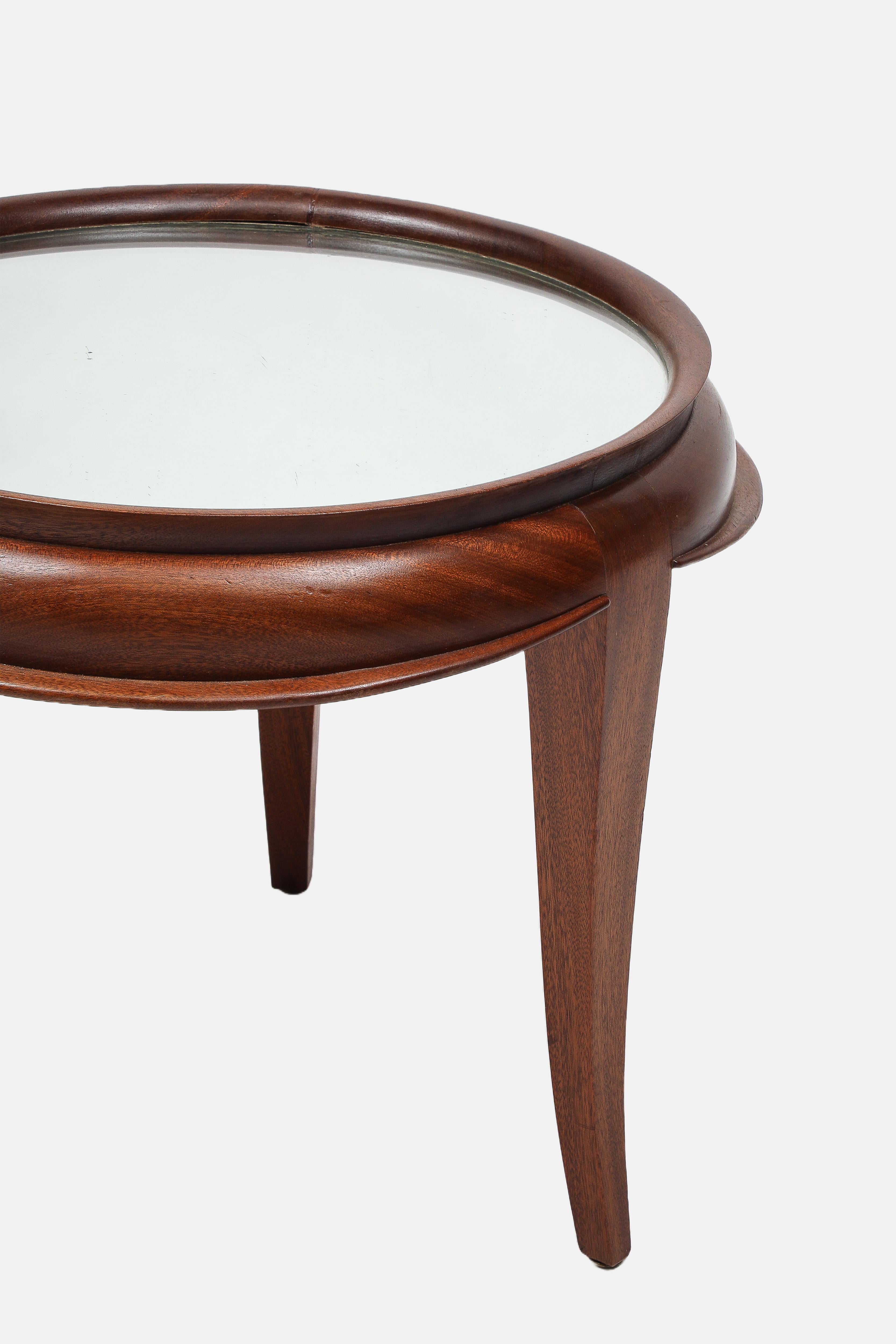 Italian Art Deco Round Tripod Glass Top Coffee Table in Mahogany Teak 1950s For Sale 3